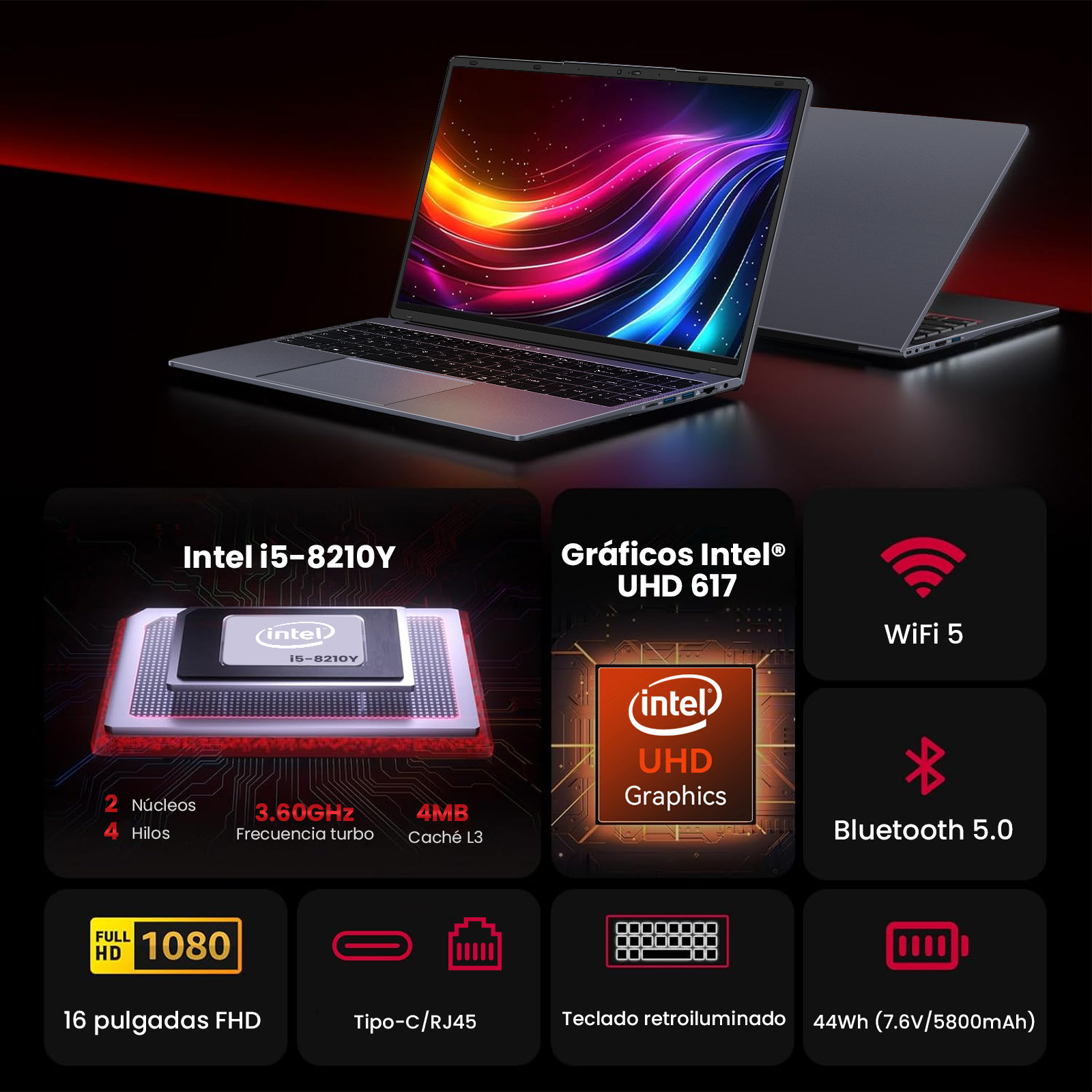 Un portátil con una pantalla vibrante muestra ondas coloridas. Las especificaciones incluyen Intel i5, gráficos UHD, WiFi 5 y Bluetooth 5.0.