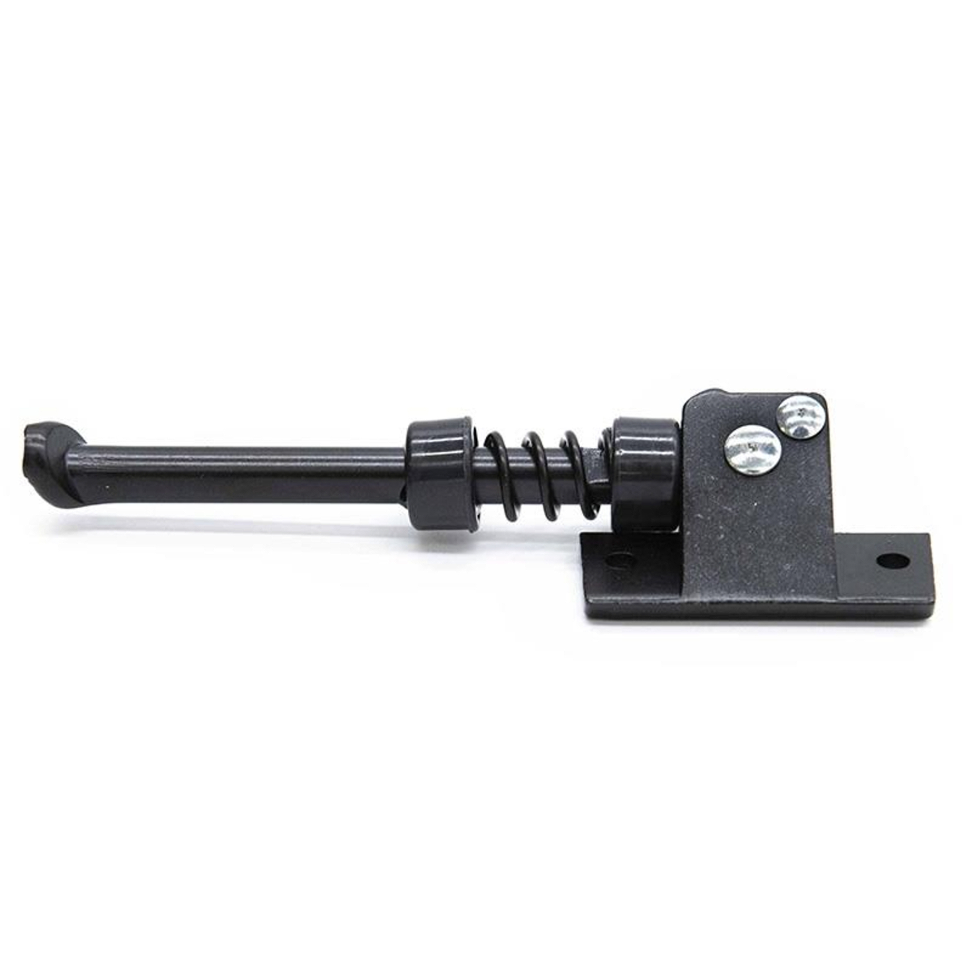 Un tope de puerta de metal negro. Tiene una varilla, un resorte y una base. Dos tornillos lo aseguran.