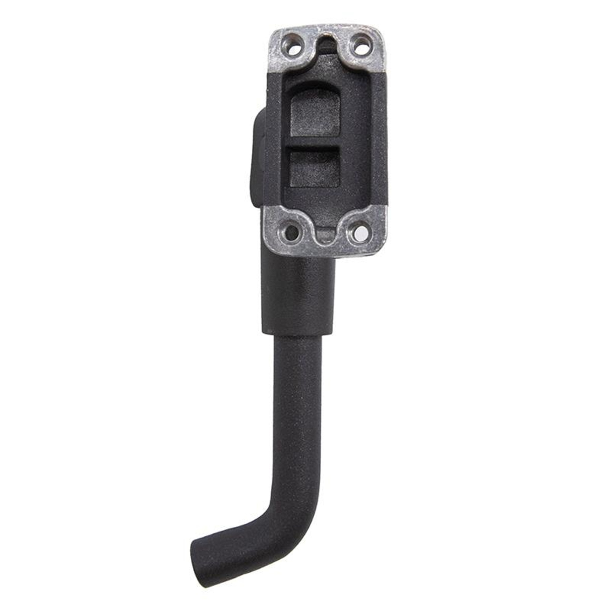 Un soporte metálico negro con un brazo curvado. Tiene una parte superior rectangular con agujeros y una base curvada y redondeada.