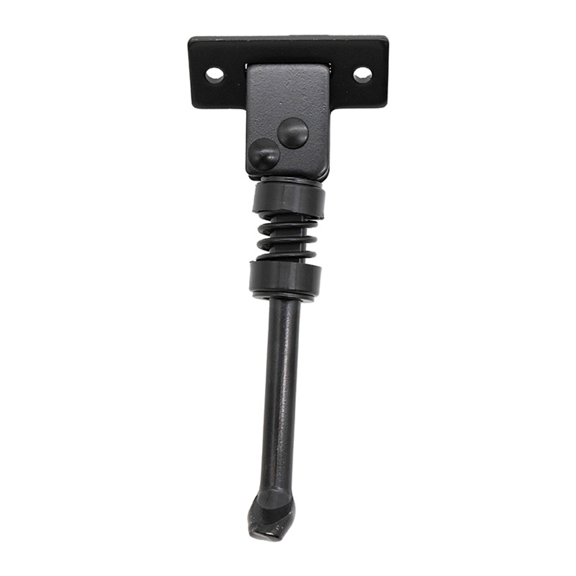 Un soporte de metal negro. Tiene forma de T, con un resorte y un pie.