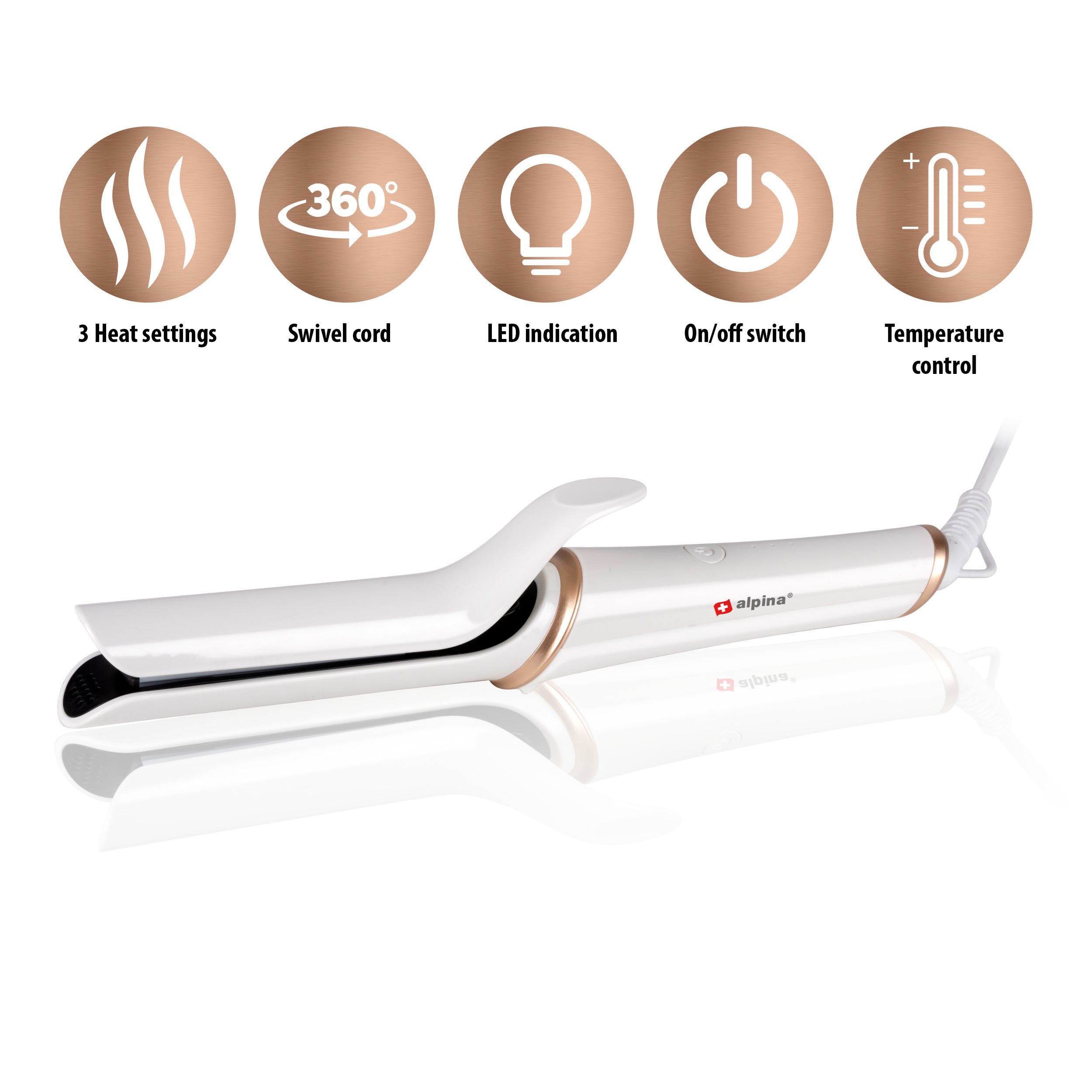 A white and gold curling iron is shown with several icons indicating features like heat settings and temperature control.