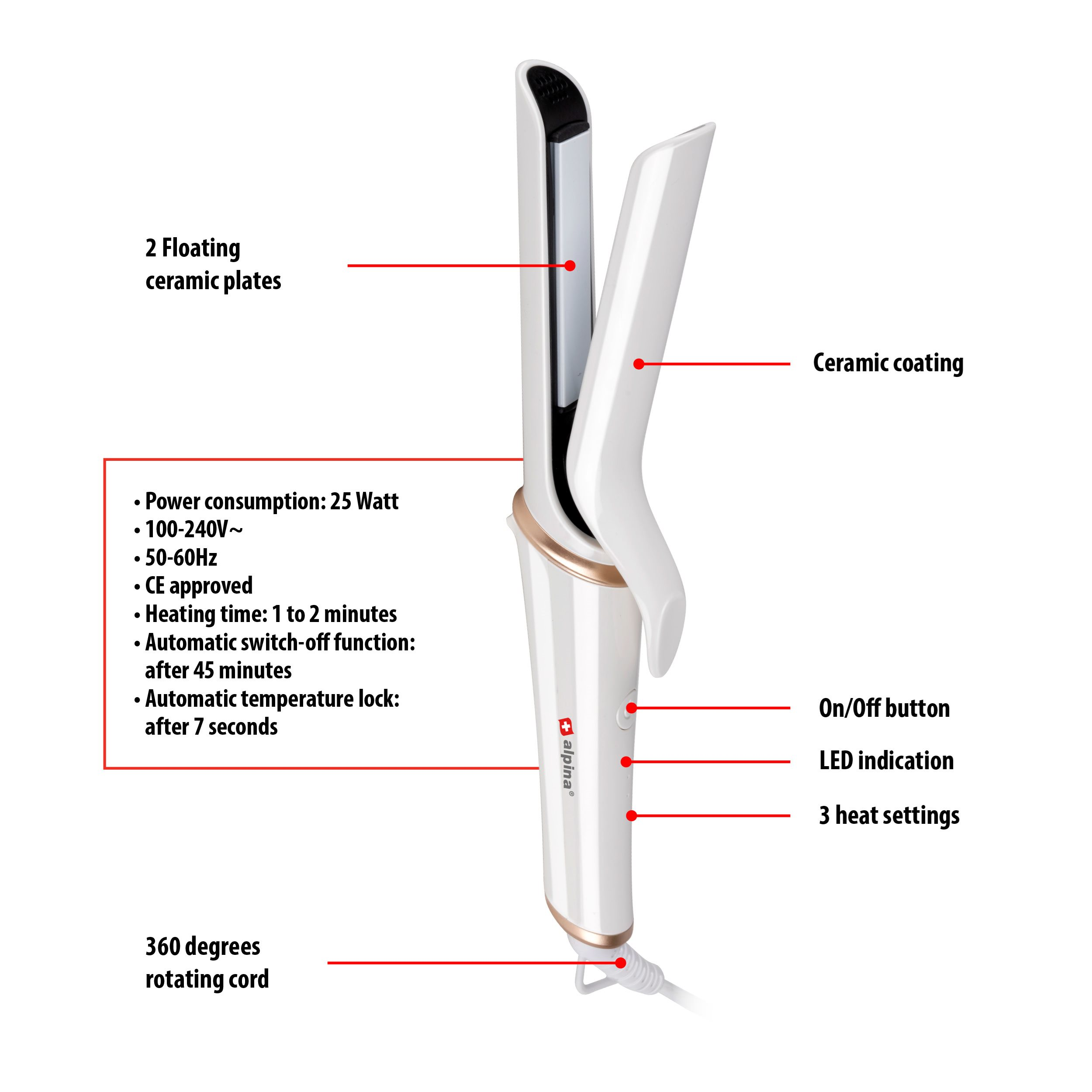 A white hair straightener with gold accents. Features include ceramic plates, on/off button, and 3 heat settings.