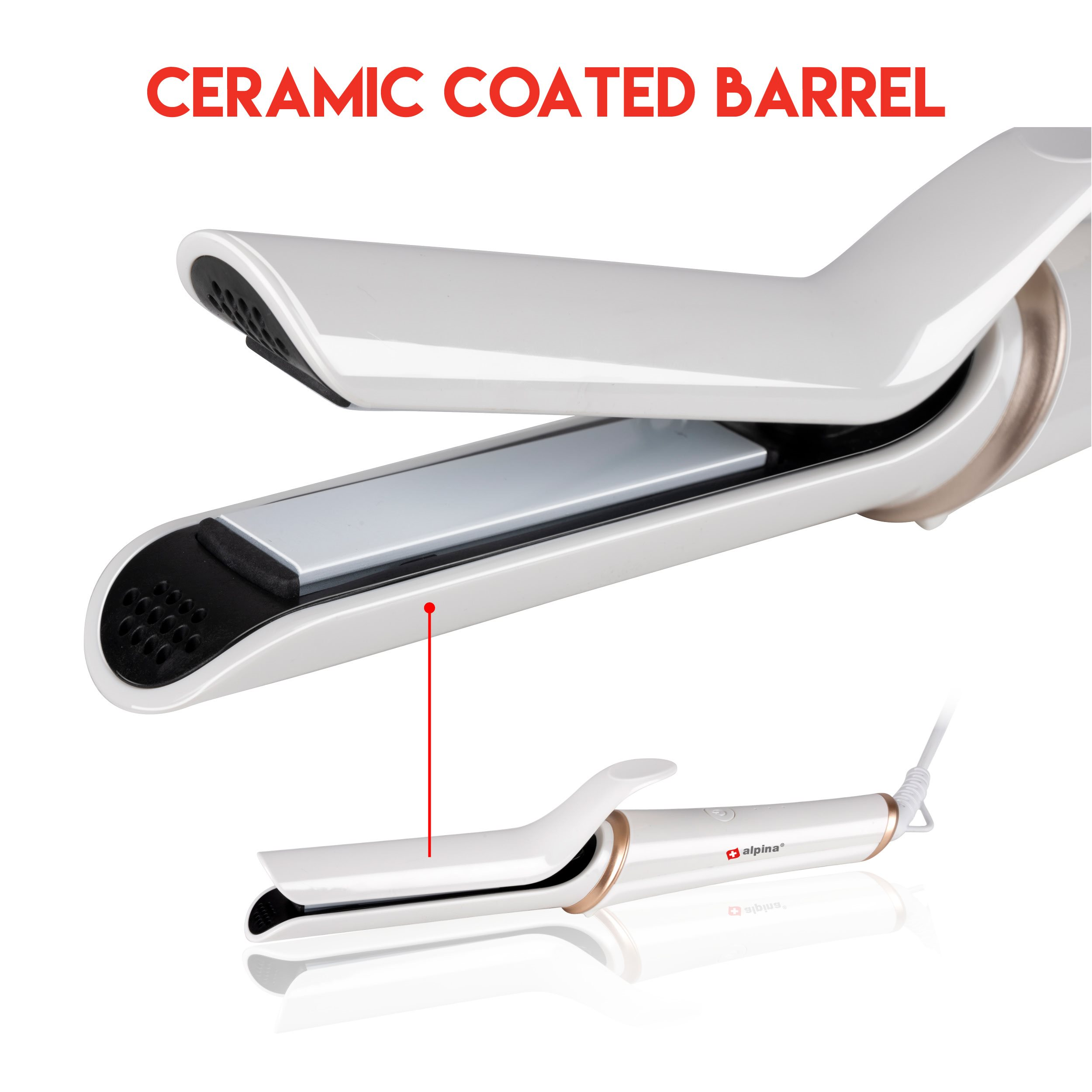 White ceramic-coated hair straightener. The image highlights the barrel of the hair iron and the Alpina logo.