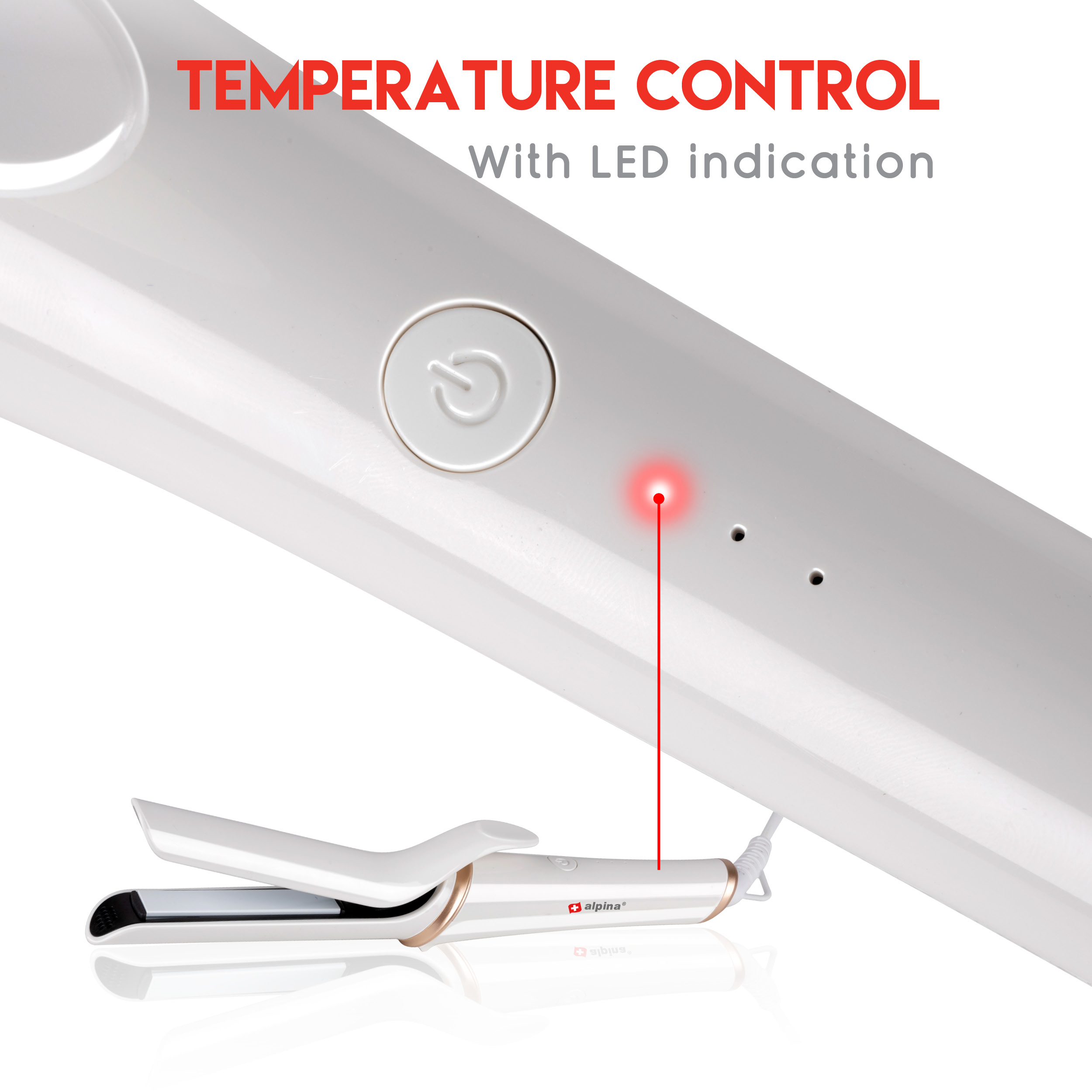 White hair straightener with red LED light, power button, gold accents, and product text.