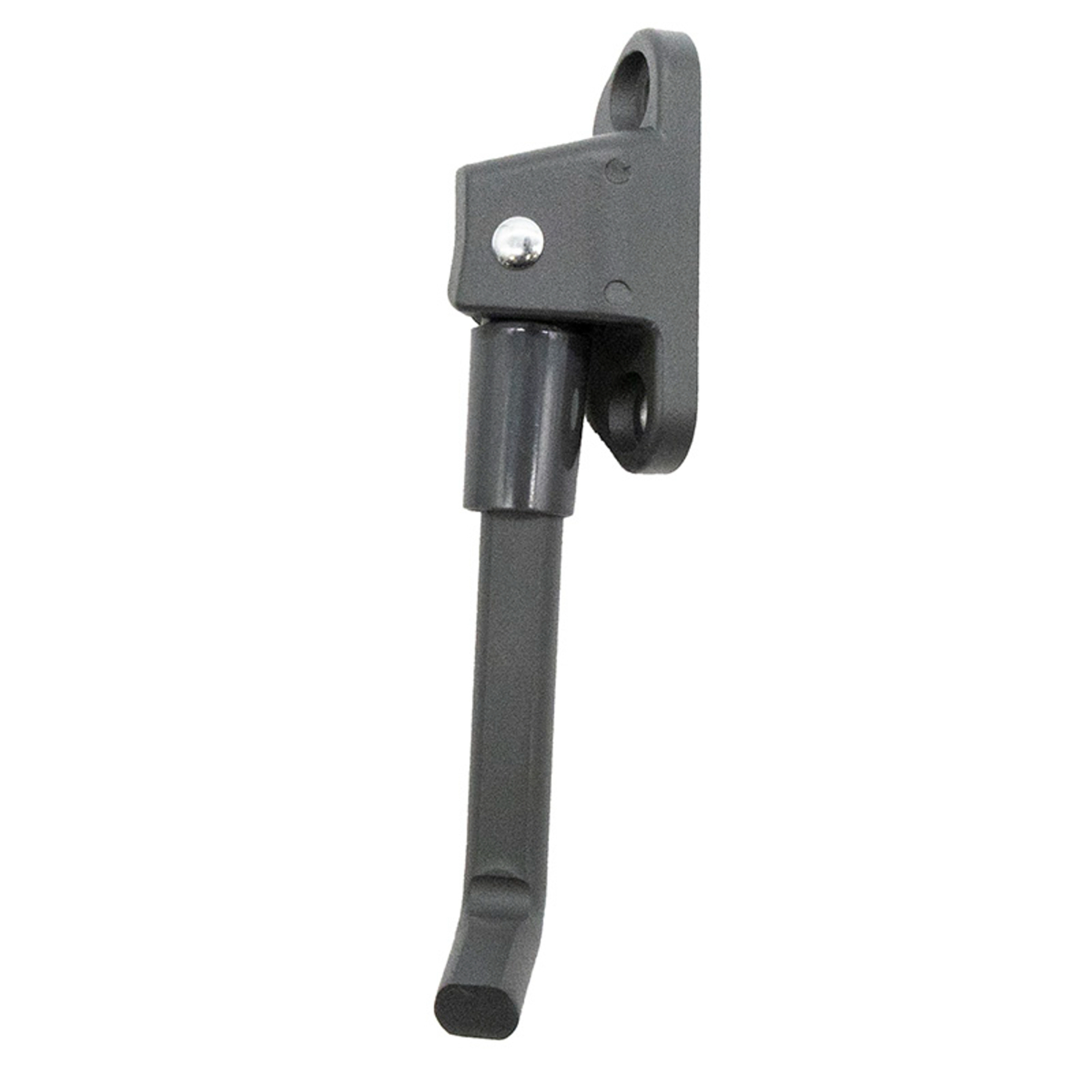 Un soporte lateral de metal gris. Tiene una placa de montaje con un orificio y una pata curvada que termina en un pie plano.