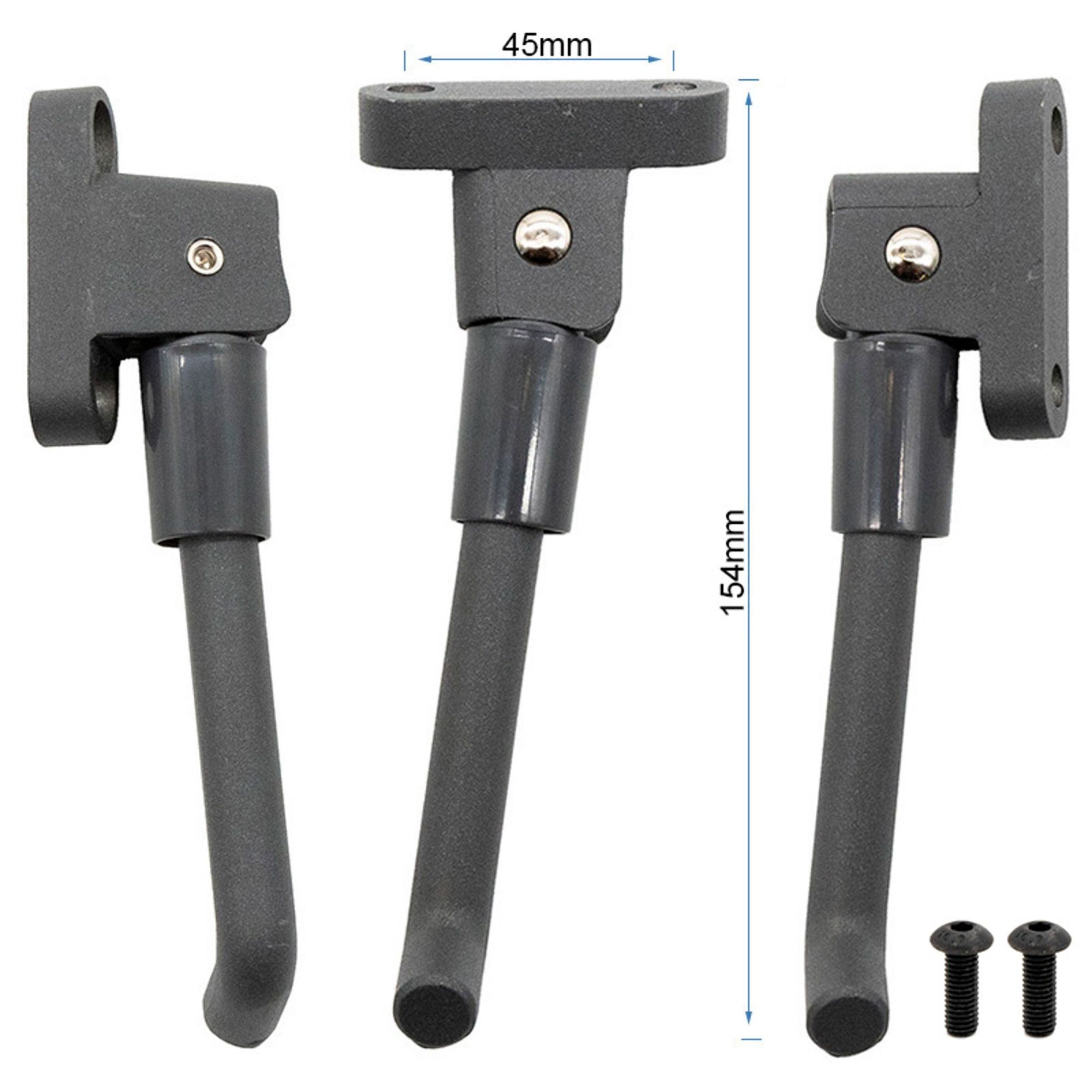 Tres soportes de guitarra de metal gris oscuro. Se proporcionan medidas. Dos tornillos están abajo a la derecha.