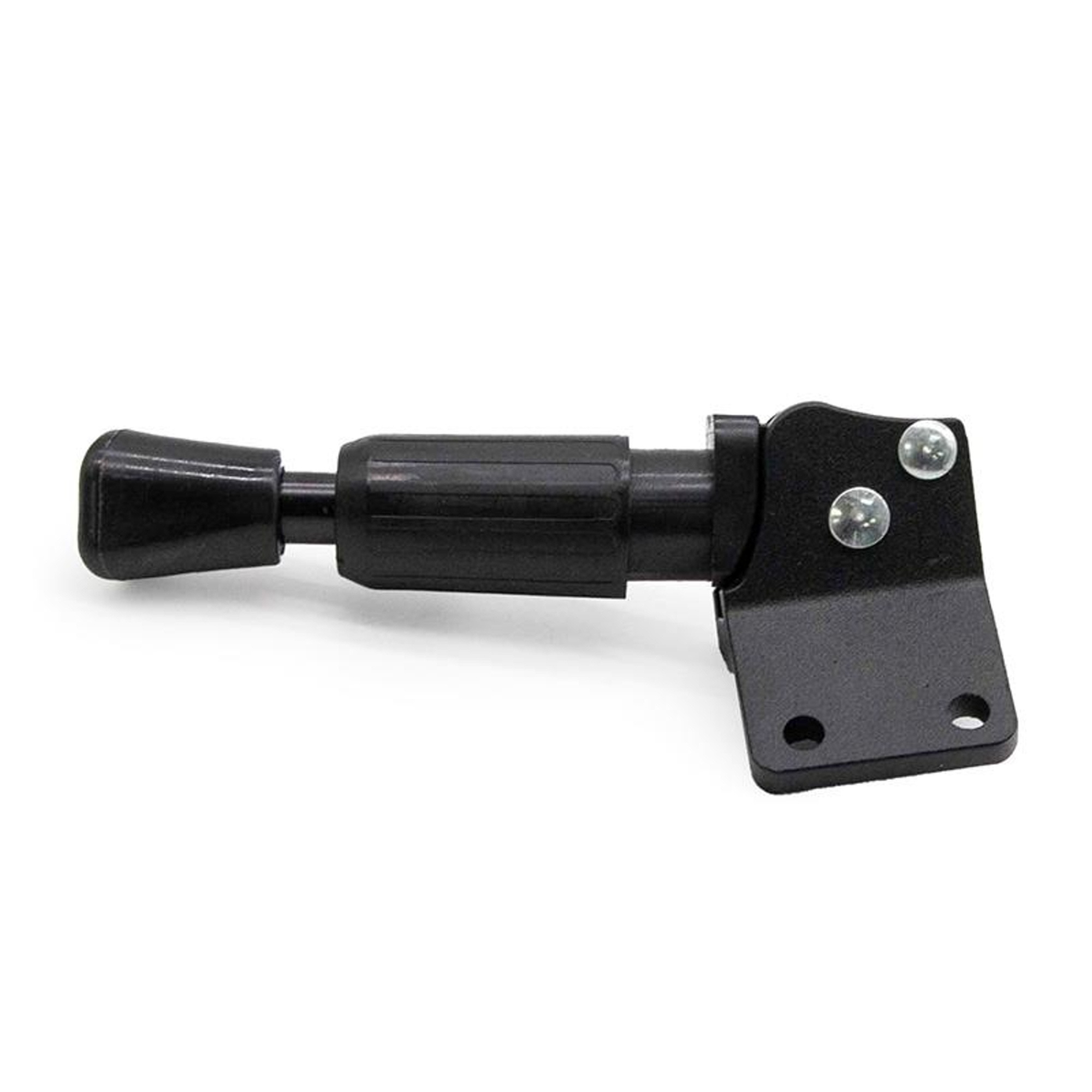 Un soporte de metal negro. Tiene un mango, un cuerpo y una placa de montaje con dos tornillos.