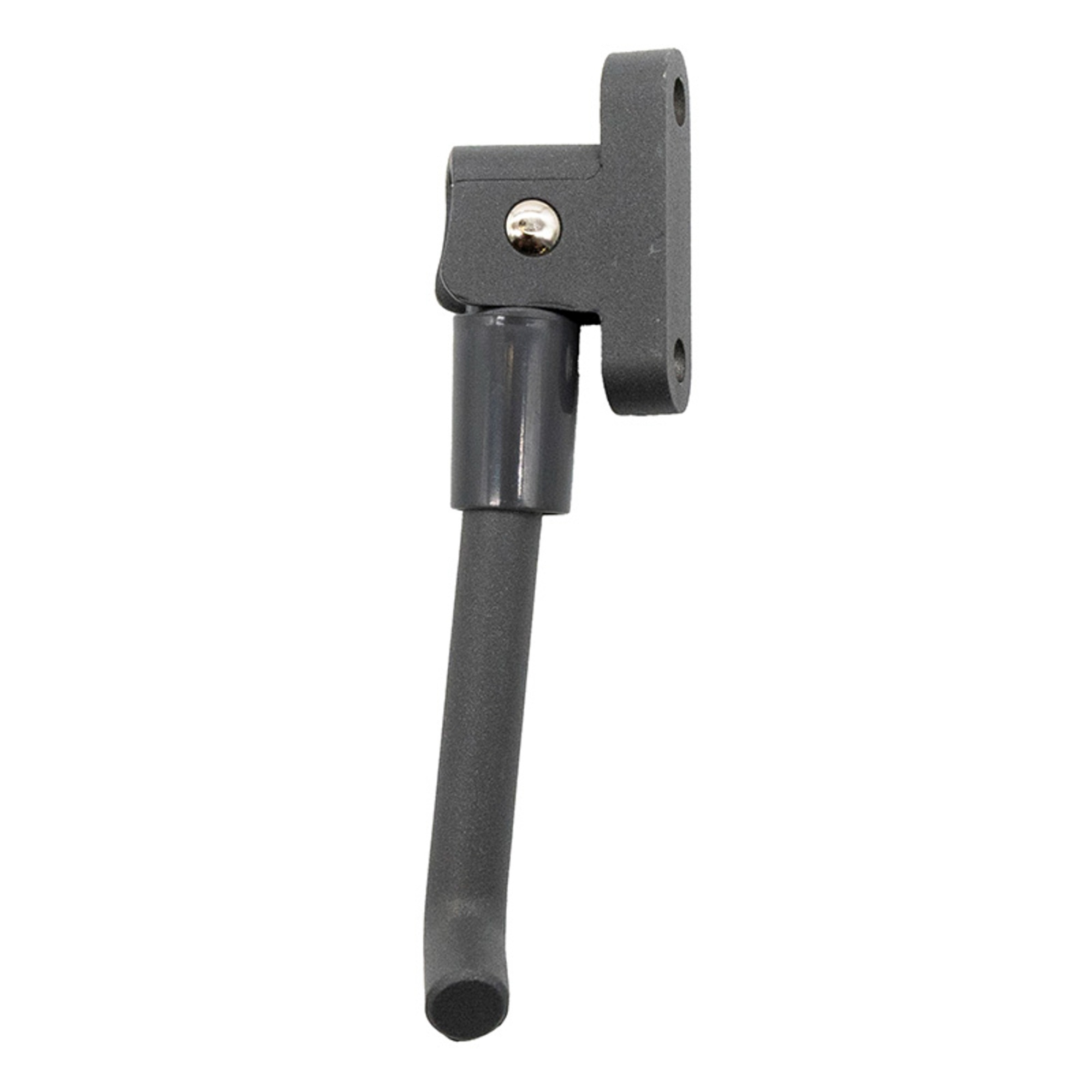 Un soporte gris para bicicleta. Tiene una placa de montaje con dos agujeros y una pata curva con pie de goma.