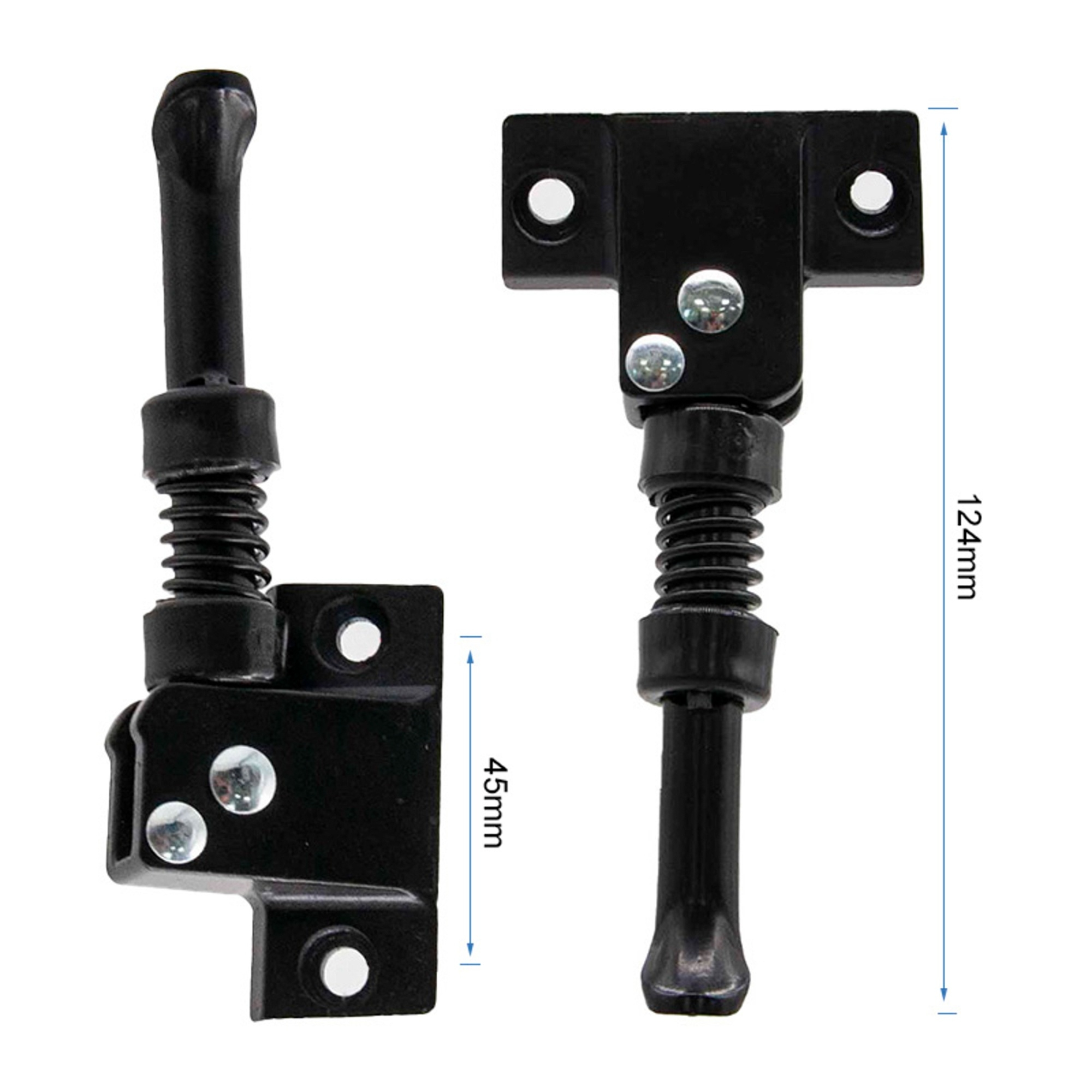 Dos caballetes metálicos negros con muelles y pernos. Uno mide 124 mm, el otro 45 mm.