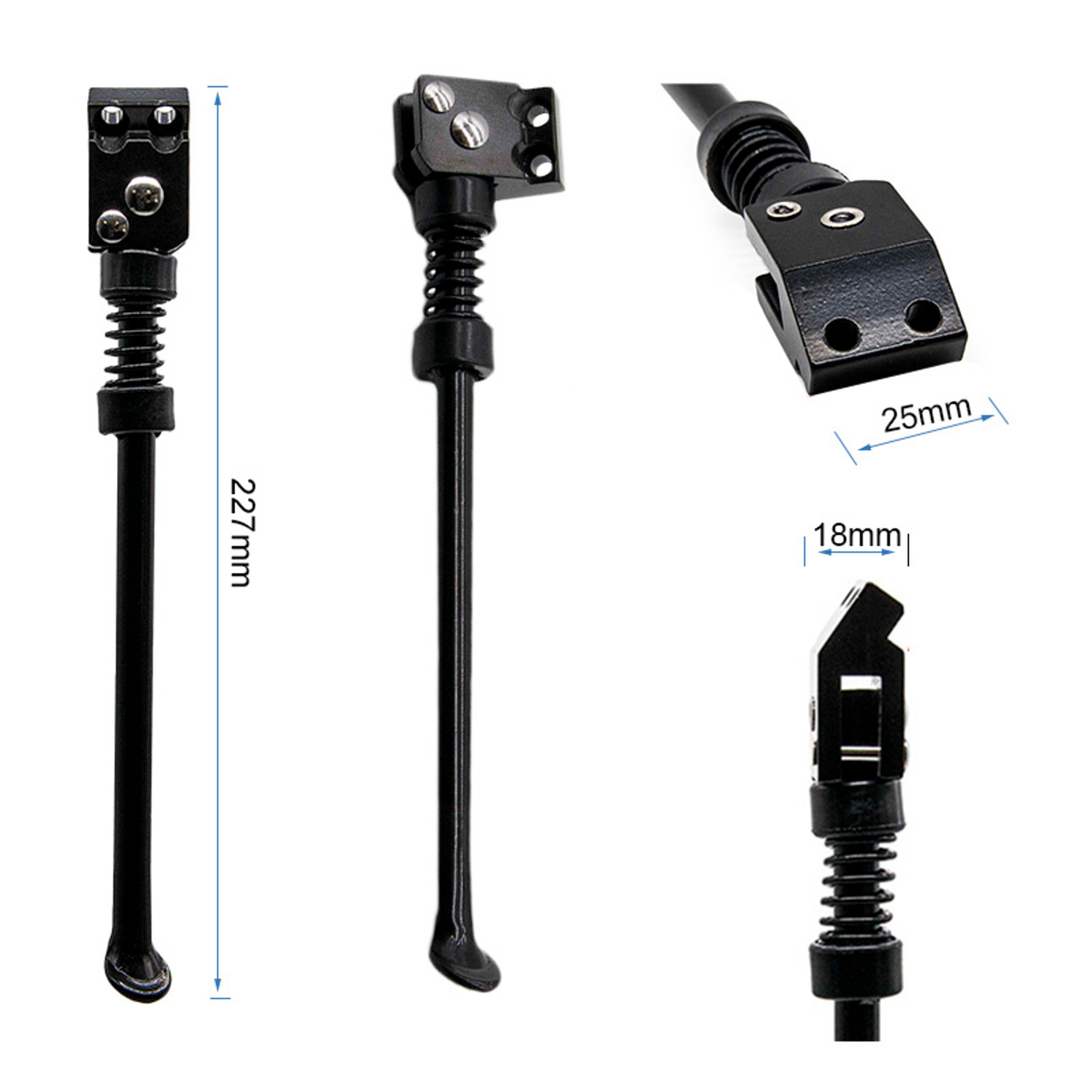 Soporte de bicicleta negro, con resorte y altura ajustable, 227 mm de largo. Incluye primeros planos de la parte superior e inferior.
