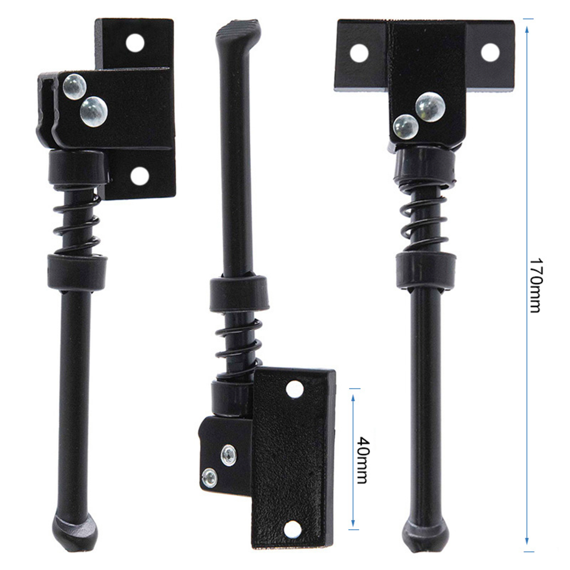 Tres caballetes metálicos negros con muelles y placas de montaje, 170 mm de alto y 40 mm de ancho.