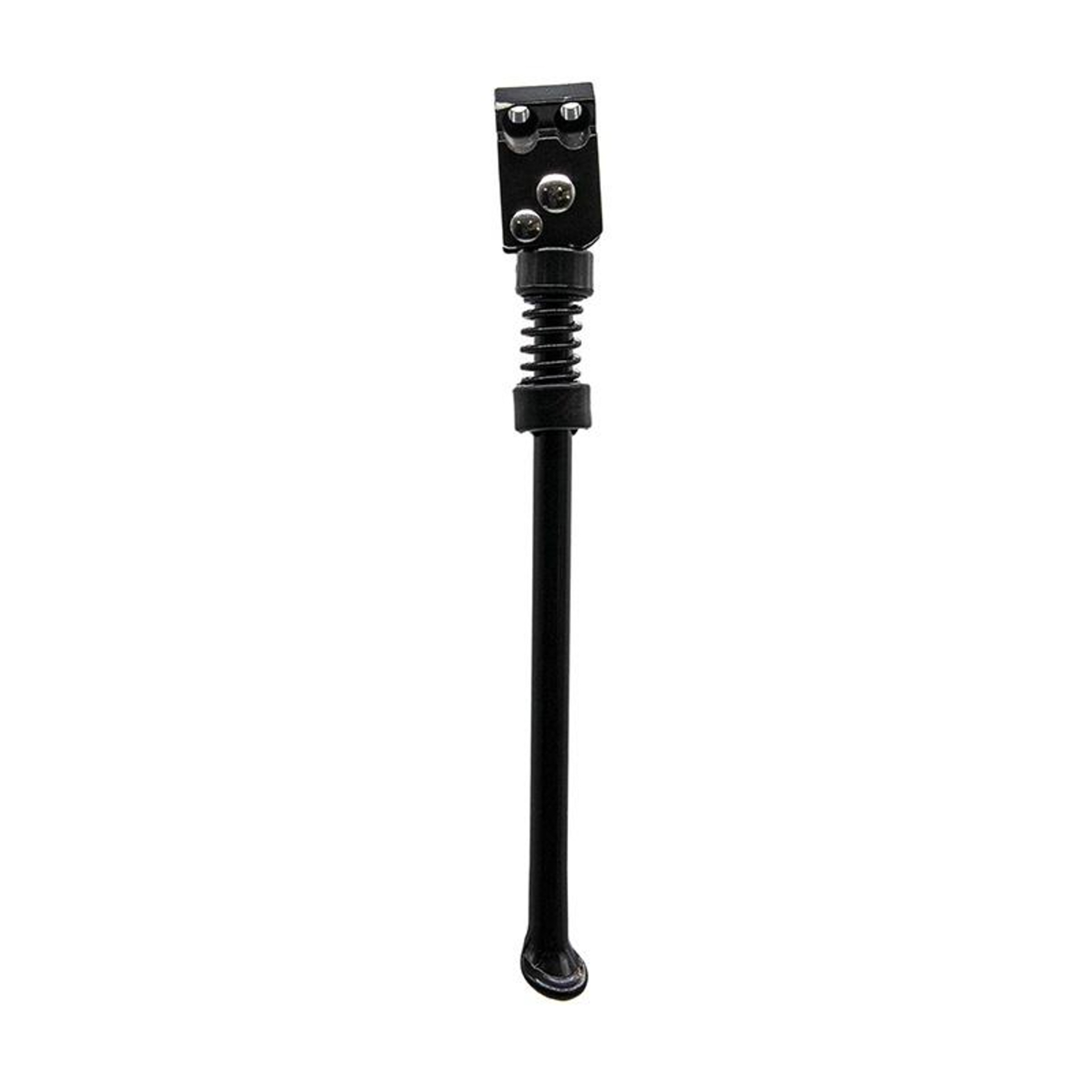 Un soporte negro para bicicleta sobre un fondo blanco. Tiene un resorte y un extremo curvado.