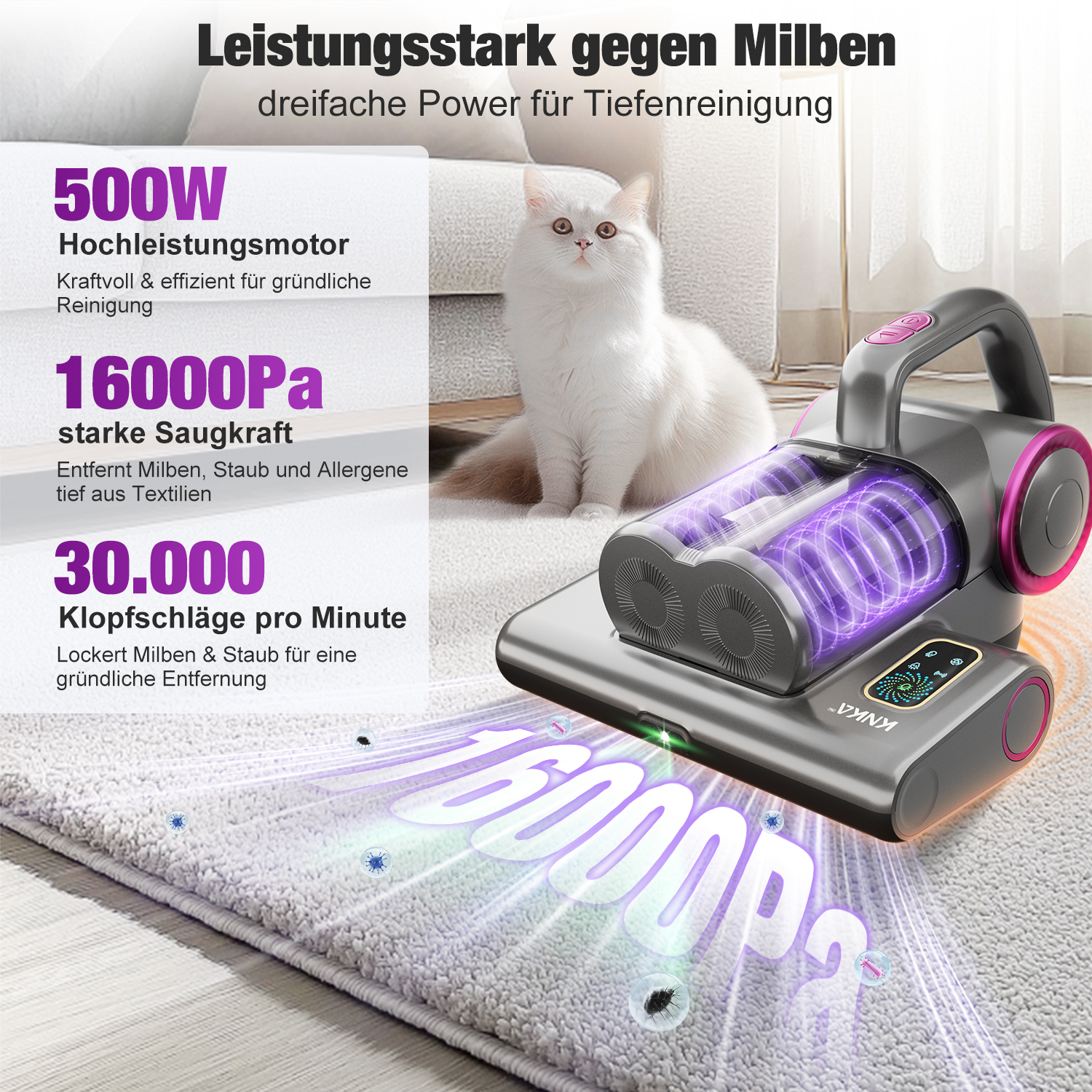 Ein Staubsauger mit Katze im Hintergrund. Text hebt Leistung und Funktionen hervor. Reinigt einen Teppich.