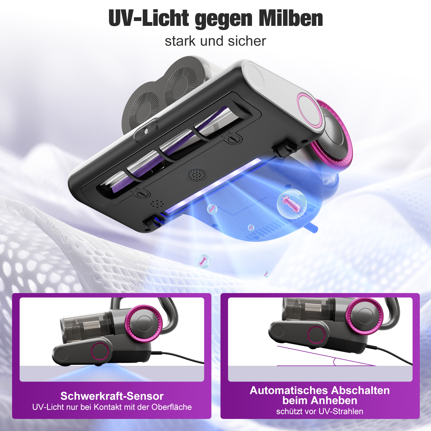 Ein UV-Licht-Staubsauger mit rosa Akzenten wird gezeigt. Zwei kleinere Bilder veranschaulichen Funktionen. Text: UV-Licht gegen Milben, stark und sicher.