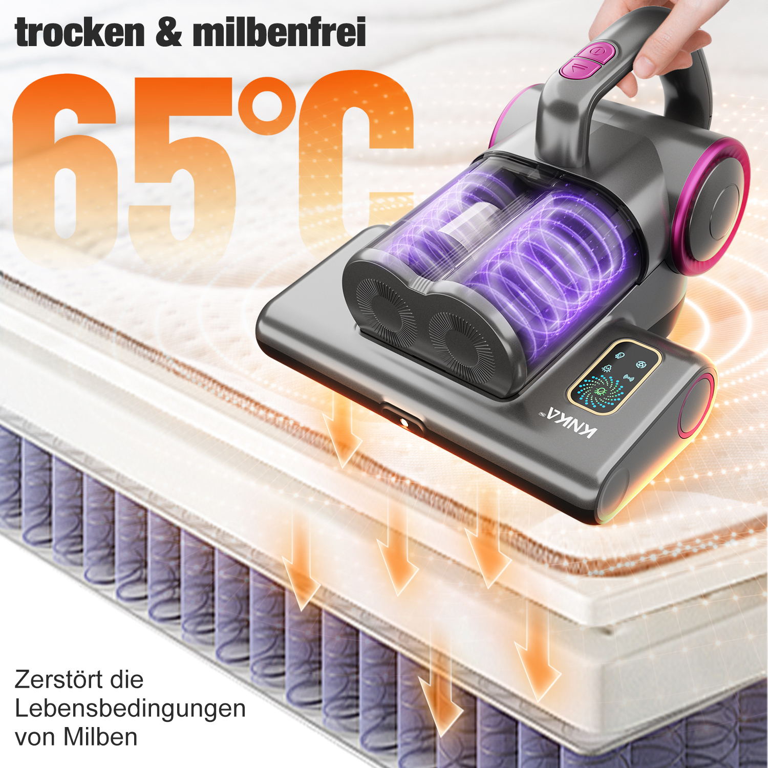 Ein Staubsauger auf einer Matratze, mit Text '65°C'. Er wirbt für Trockenheit und milbenfreie Reinigung, und zerstört Milben.