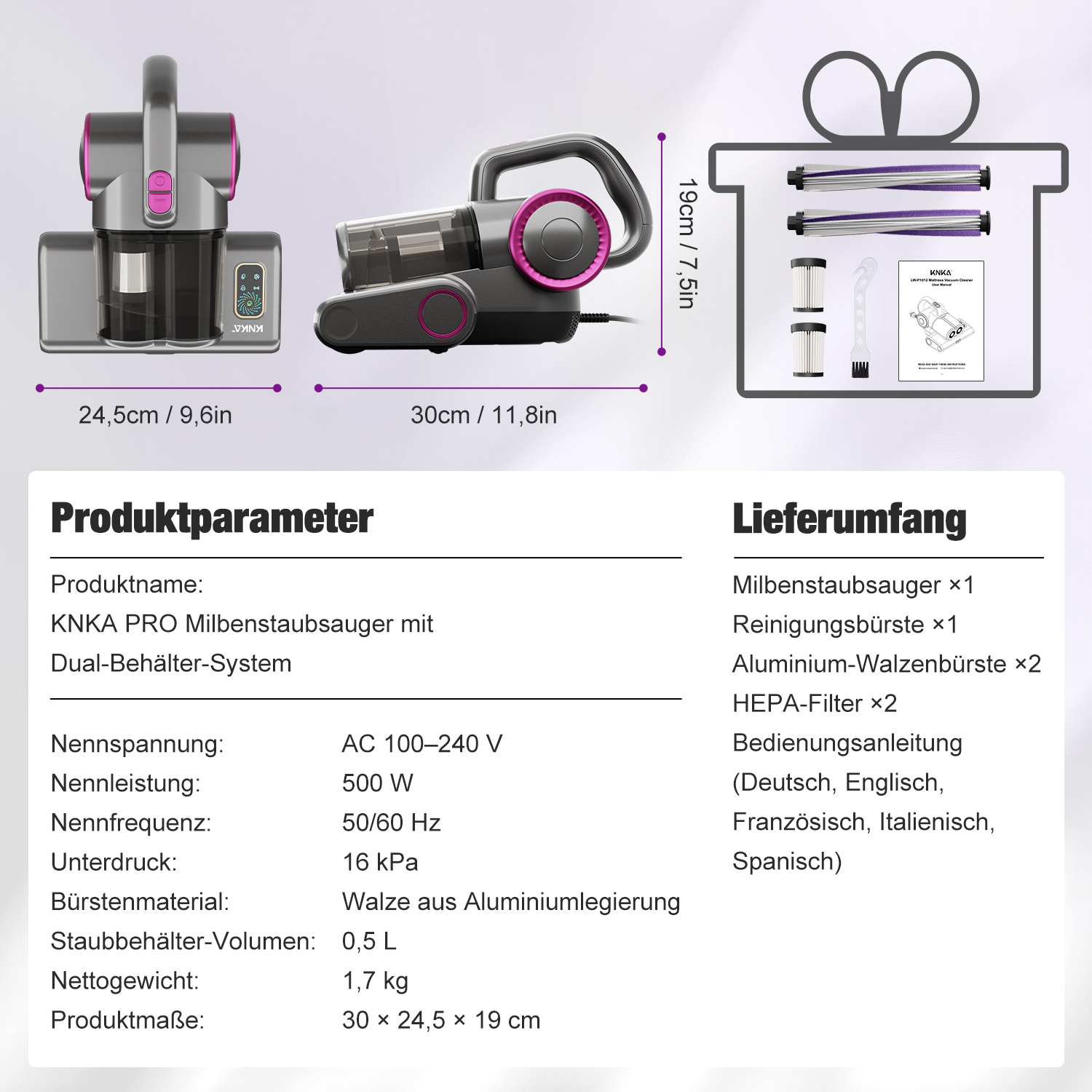 Das Bild zeigt einen Staubsauger und seine Komponenten, mit Abmessungen und Spezifikationen auf Deutsch.