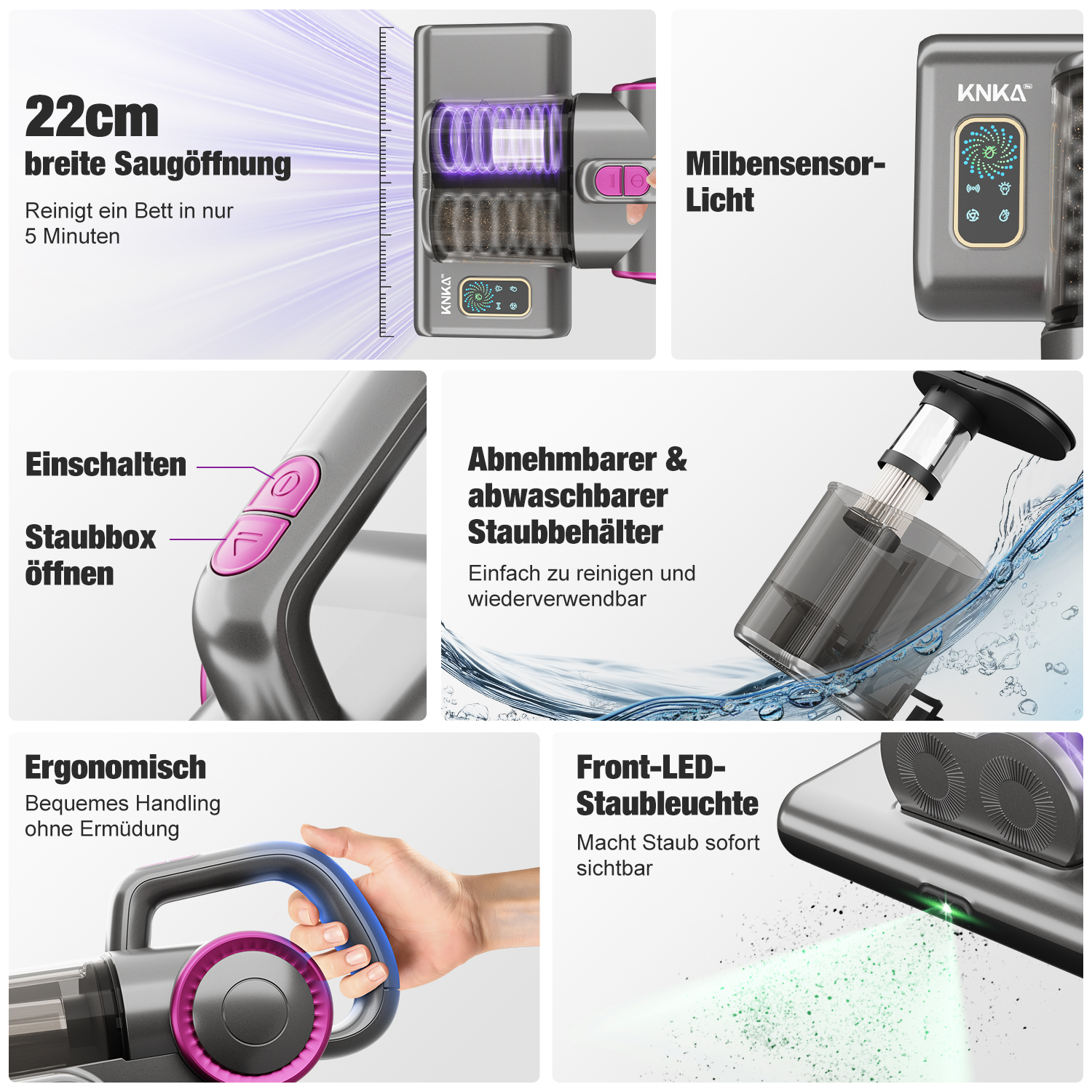 Ein grauer und pinkfarbener Staubsauger mit Funktionen wie Staubsensor, LED-Licht und ergonomischem Griff. Er ist auf einfache Bedienung ausgelegt.