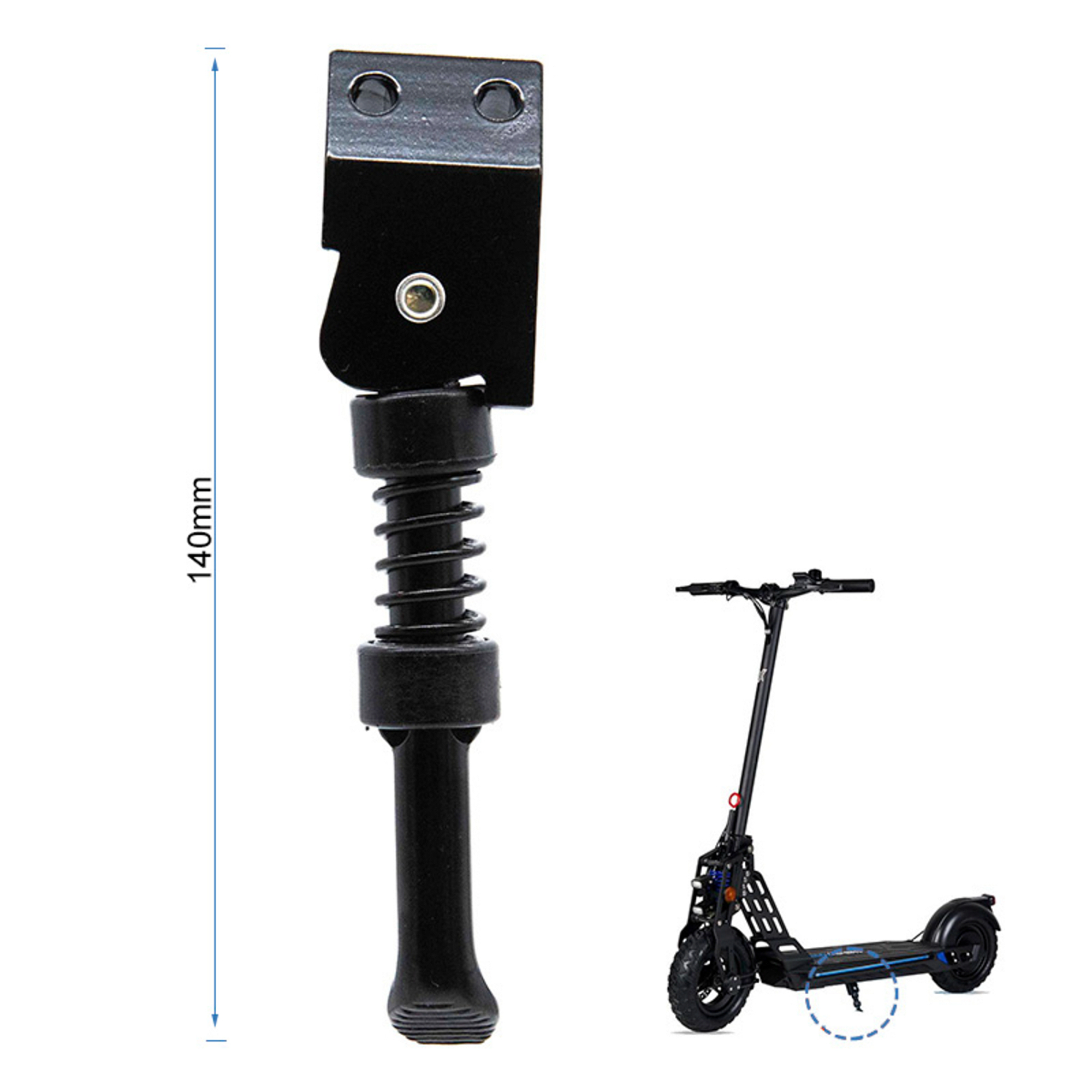 Soporte negro para scooter y un scooter. El soporte mide 140 mm de largo. El scooter tiene marco y ruedas negros.