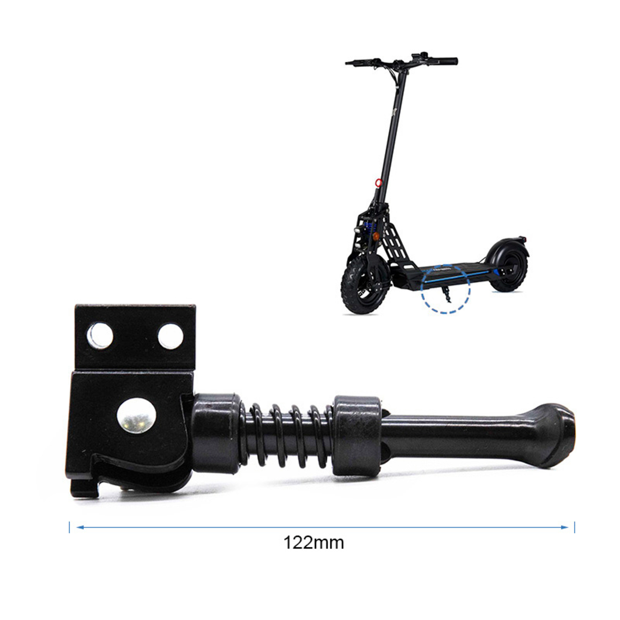 Una pieza negra de scooter con un resorte y un scooter en el fondo. Mide 122 mm.