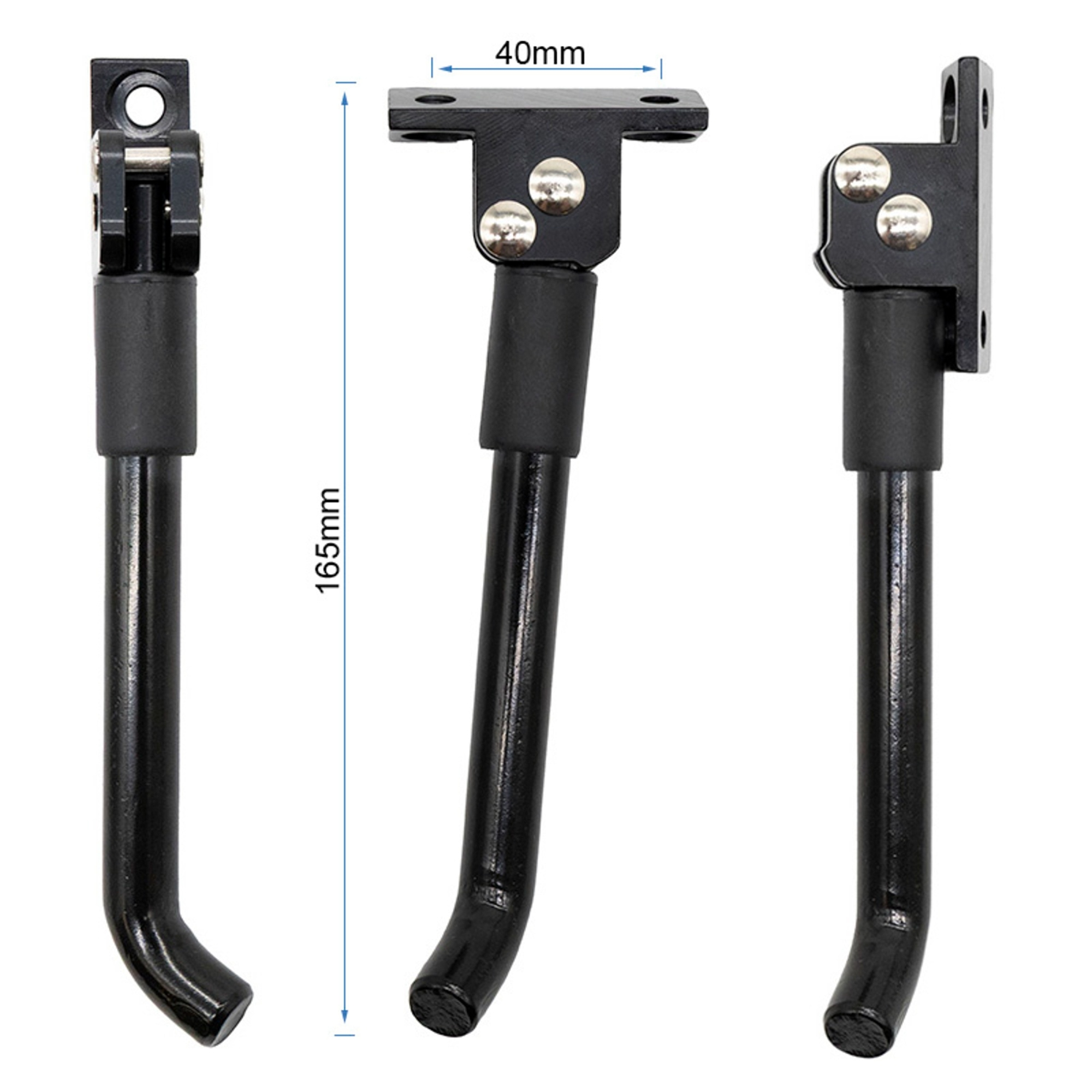 Tres caballetes negros para bicicleta. Cada uno tiene una placa de montaje, una pata curva y mide 165 mm.