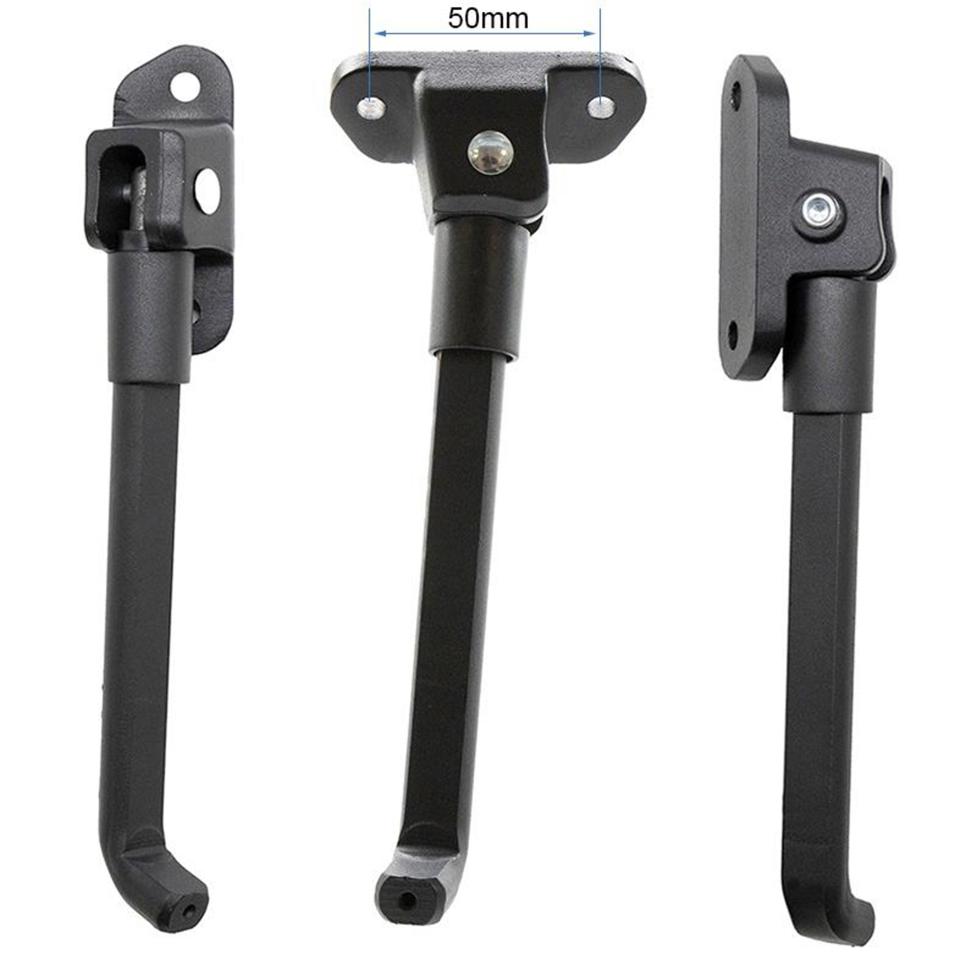 Tres caballetes metálicos negros. Cada uno tiene un soporte y una pata extensible con extremo curvado.