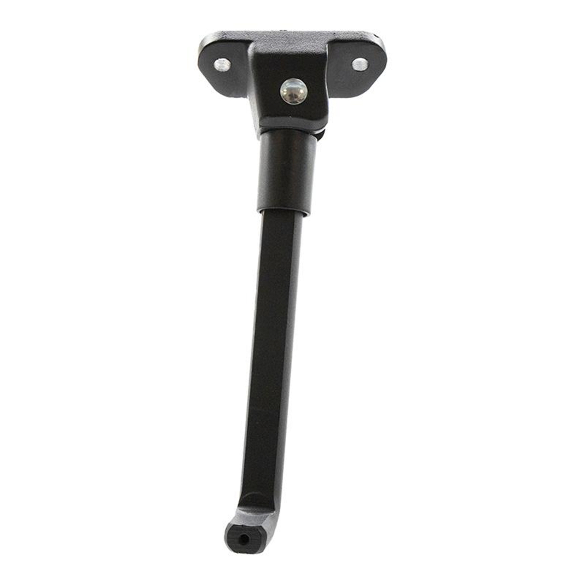 Un caballete negro para bicicleta sobre fondo blanco. Tiene forma de T con orificios de montaje y un pie.