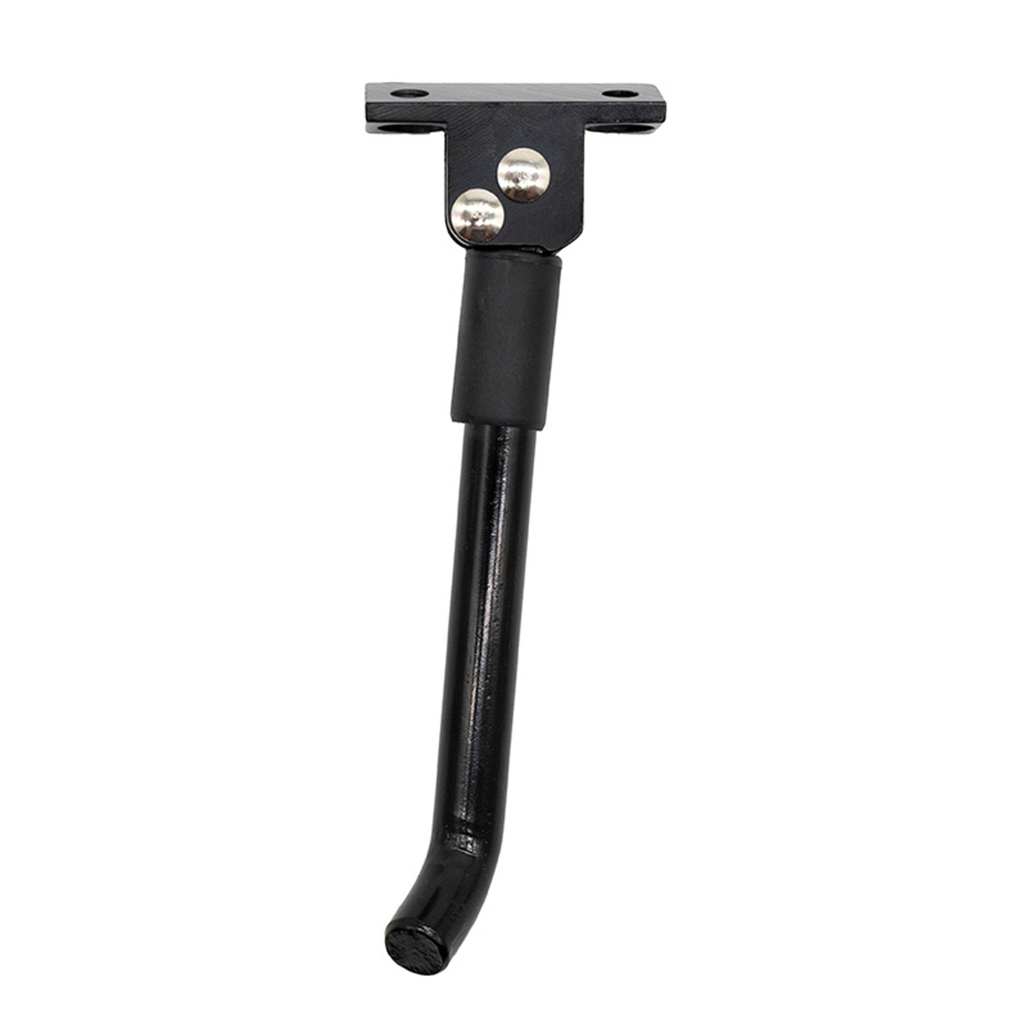 Un caballete negro para bicicleta sobre un fondo blanco. Tiene forma de T, una pata curva y dos tornillos.