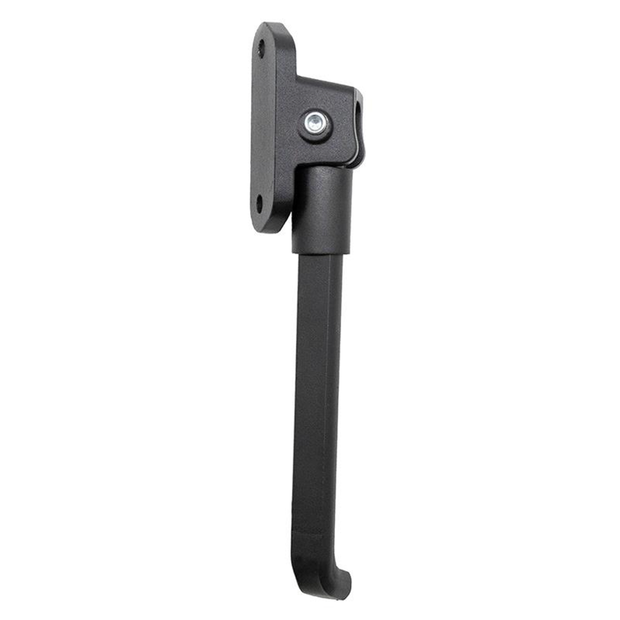 Un caballete negro para bicicleta, con una placa de montaje, un pivote y una pata recta que termina en un pie en forma de gancho.