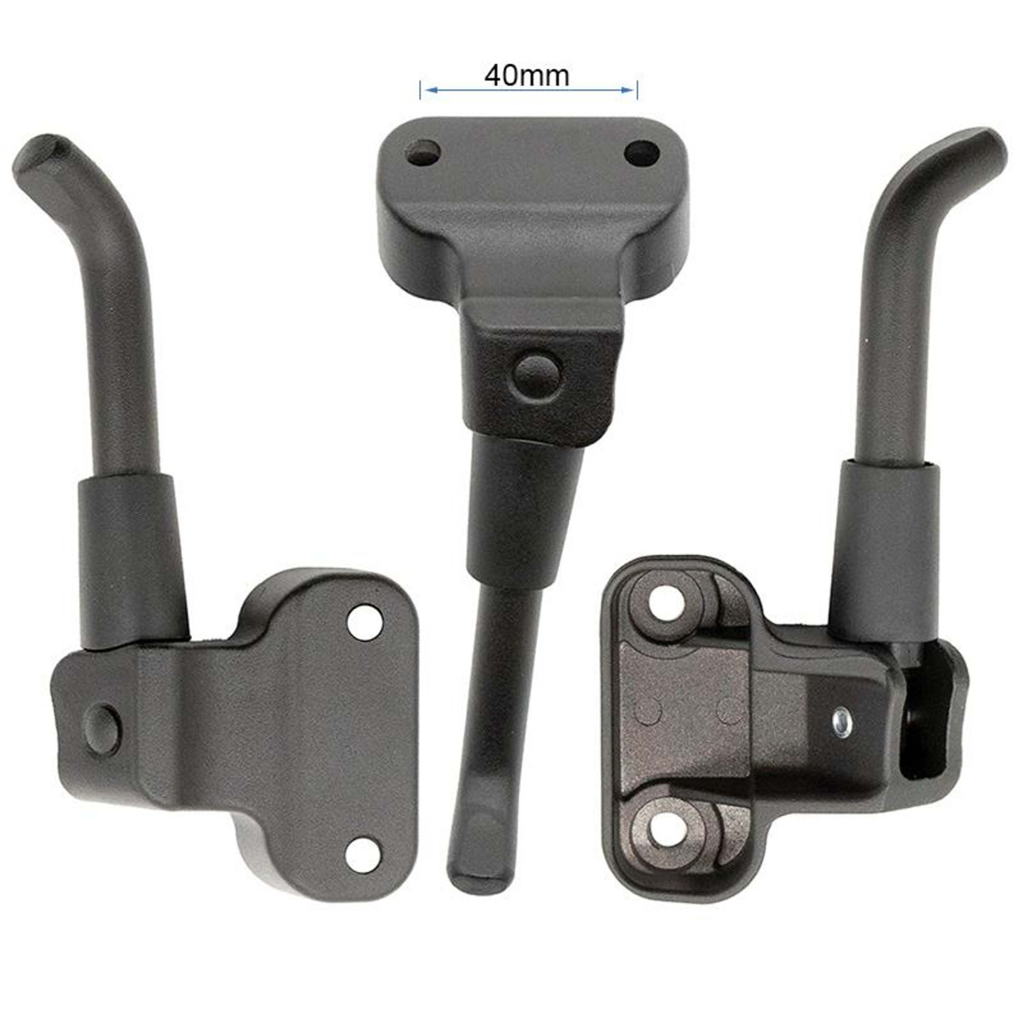 Tres piezas de plástico negro. Cada una tiene un brazo curvo y una base con agujeros. En la parte superior se muestra una medida de 40 mm.