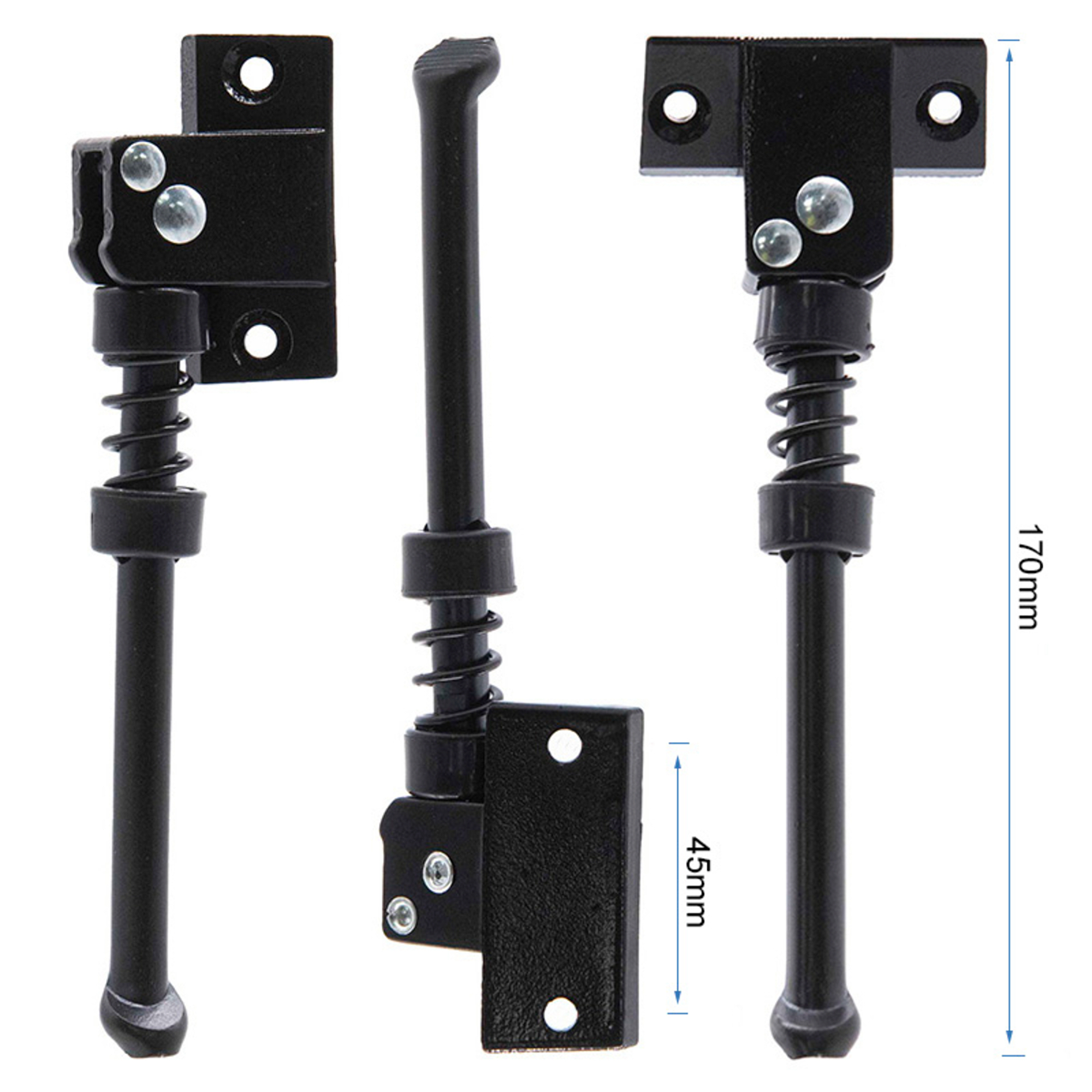 Tres caballetes metálicos negros con resortes. Las dimensiones están etiquetadas: 170 mm y 45 mm.