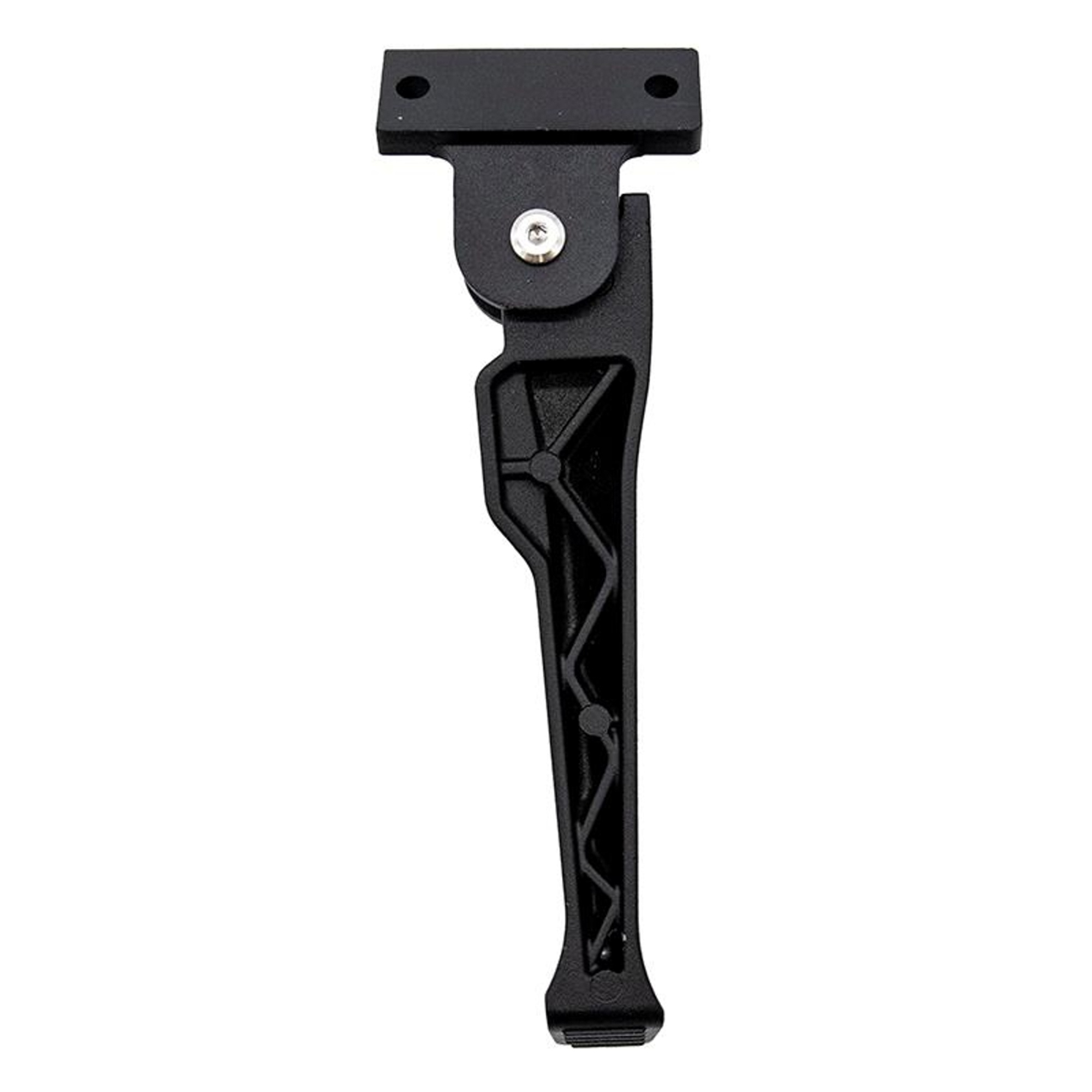 Un soporte de bicicleta negro, con una parte superior rectangular y una pata larga y angulada. Está sobre un fondo blanco.
