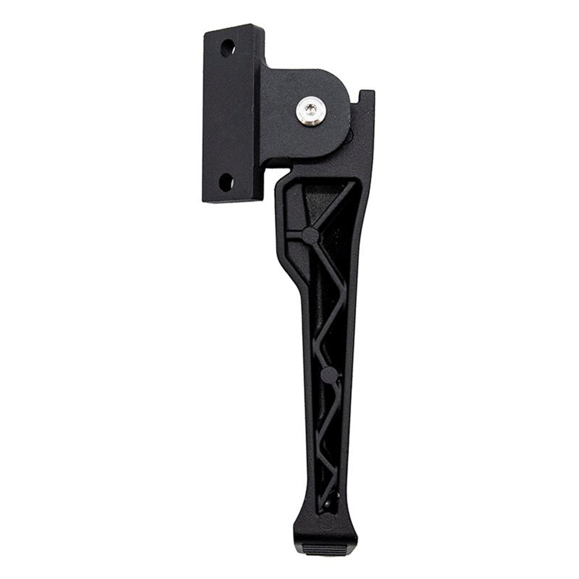 Soporte de bicicleta de metal negro. Tiene una bisagra y un pie. Dos agujeros en un lado y un tornillo en el medio.