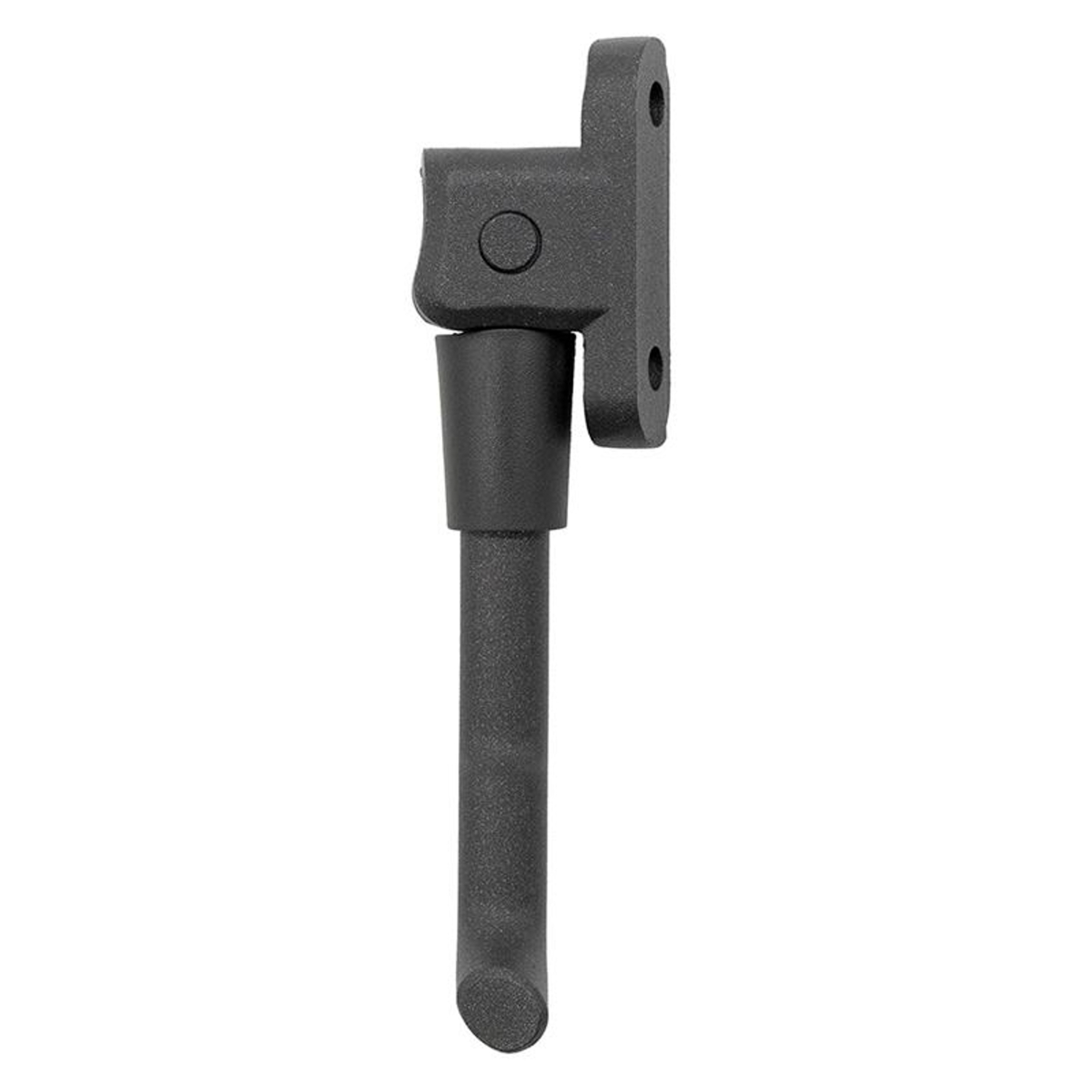 Una bisagra negra con placa de montaje rectangular, cuerpo cilíndrico y fondo redondeado. Contra un fondo blanco.