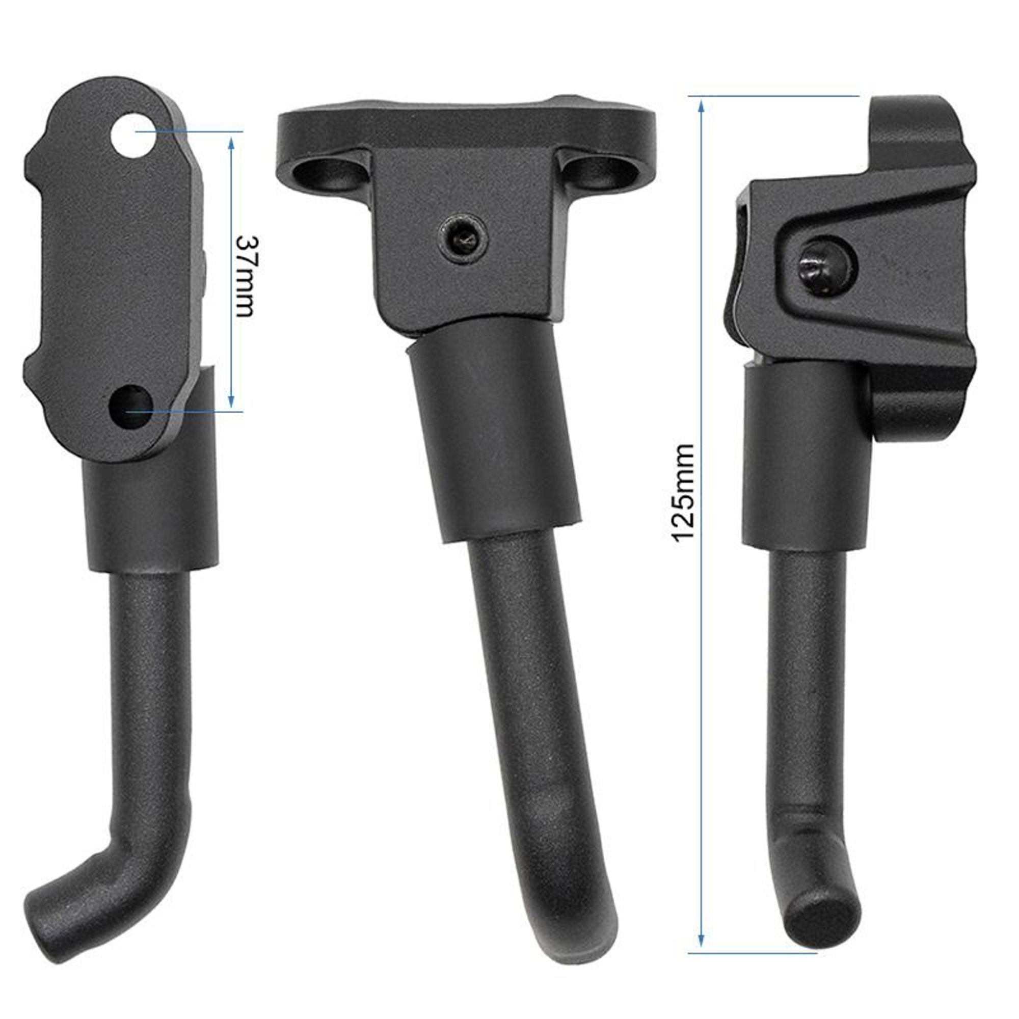 Tres soportes metálicos negros con diseños variados. Se muestran las dimensiones. Dos soportes tienen bases curvas.
