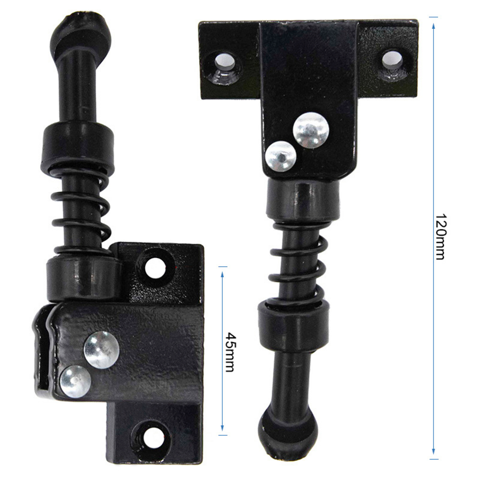 Dos pestillos metálicos negros con remaches y muelles plateados, etiquetados con medidas de 45 mm y 120 mm.