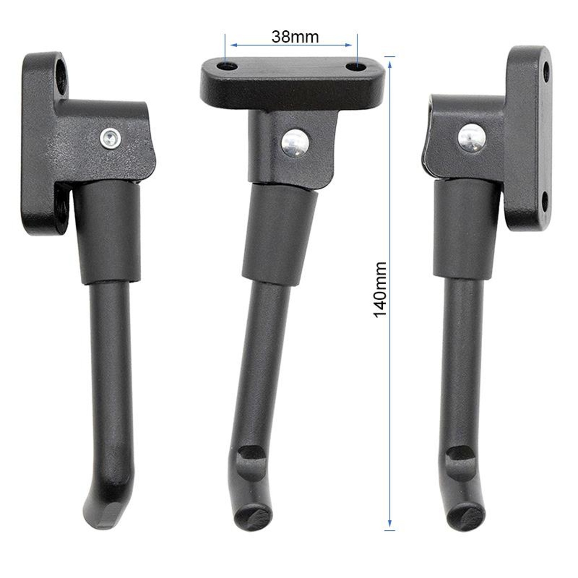 Tres soportes metálicos negros con medidas de 38 mm y 140 mm, diseñados para montaje en una superficie blanca.