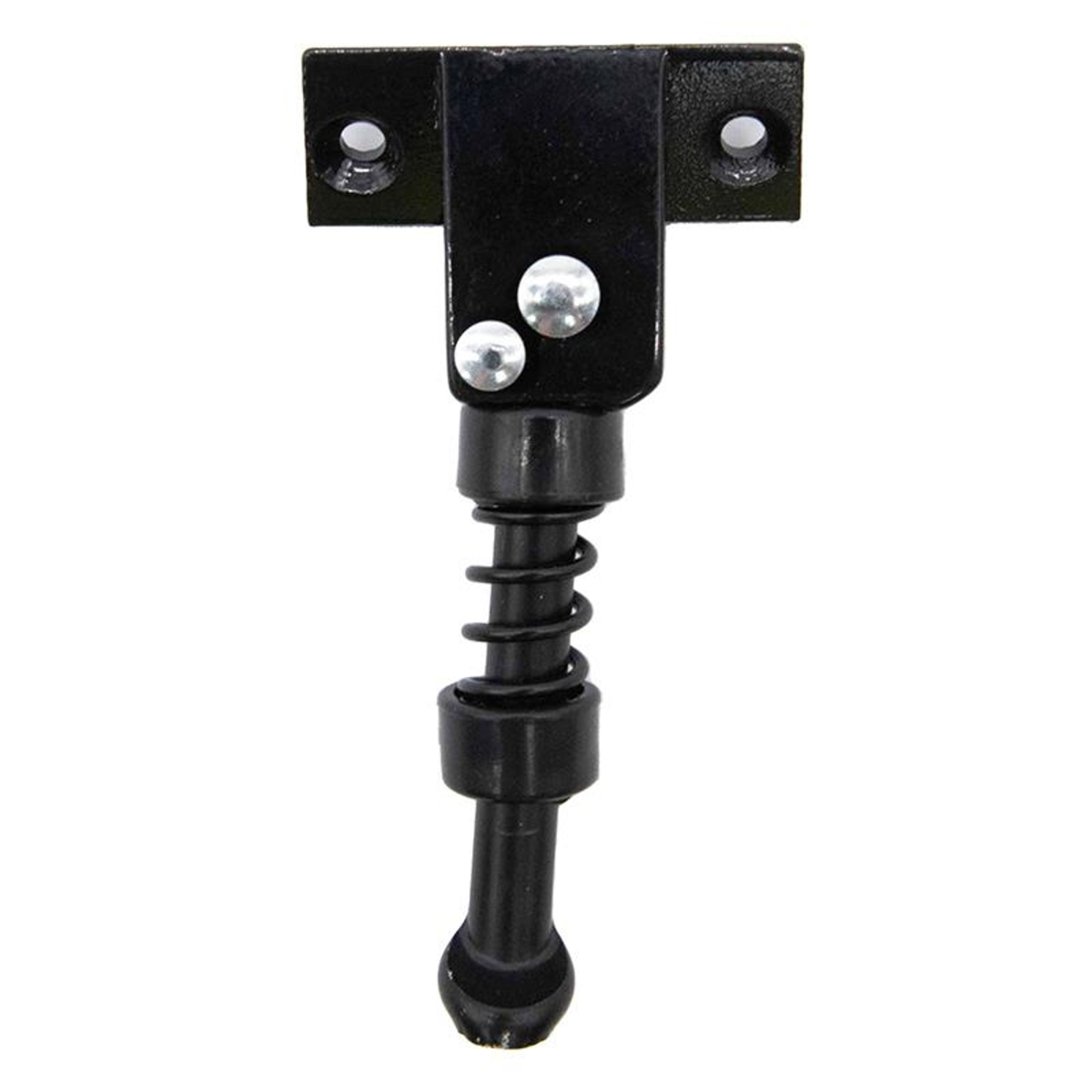 Soporte de metal negro con resorte y remaches plateados. Tiene forma de T con un extremo redondeado.