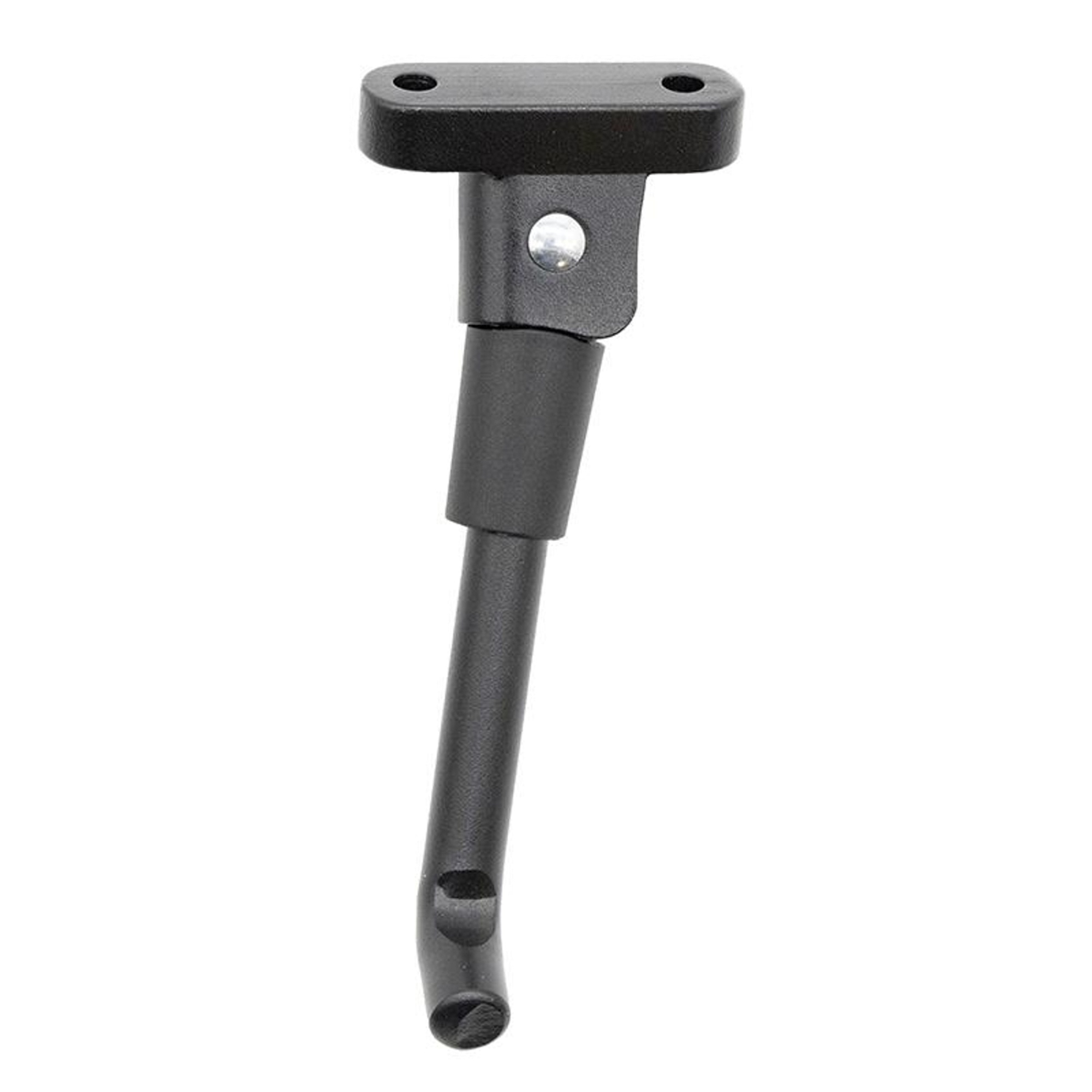 Un soporte de metal negro para bicicleta, con una parte superior plana, una pieza de conexión y una pata curva. Fondo blanco.