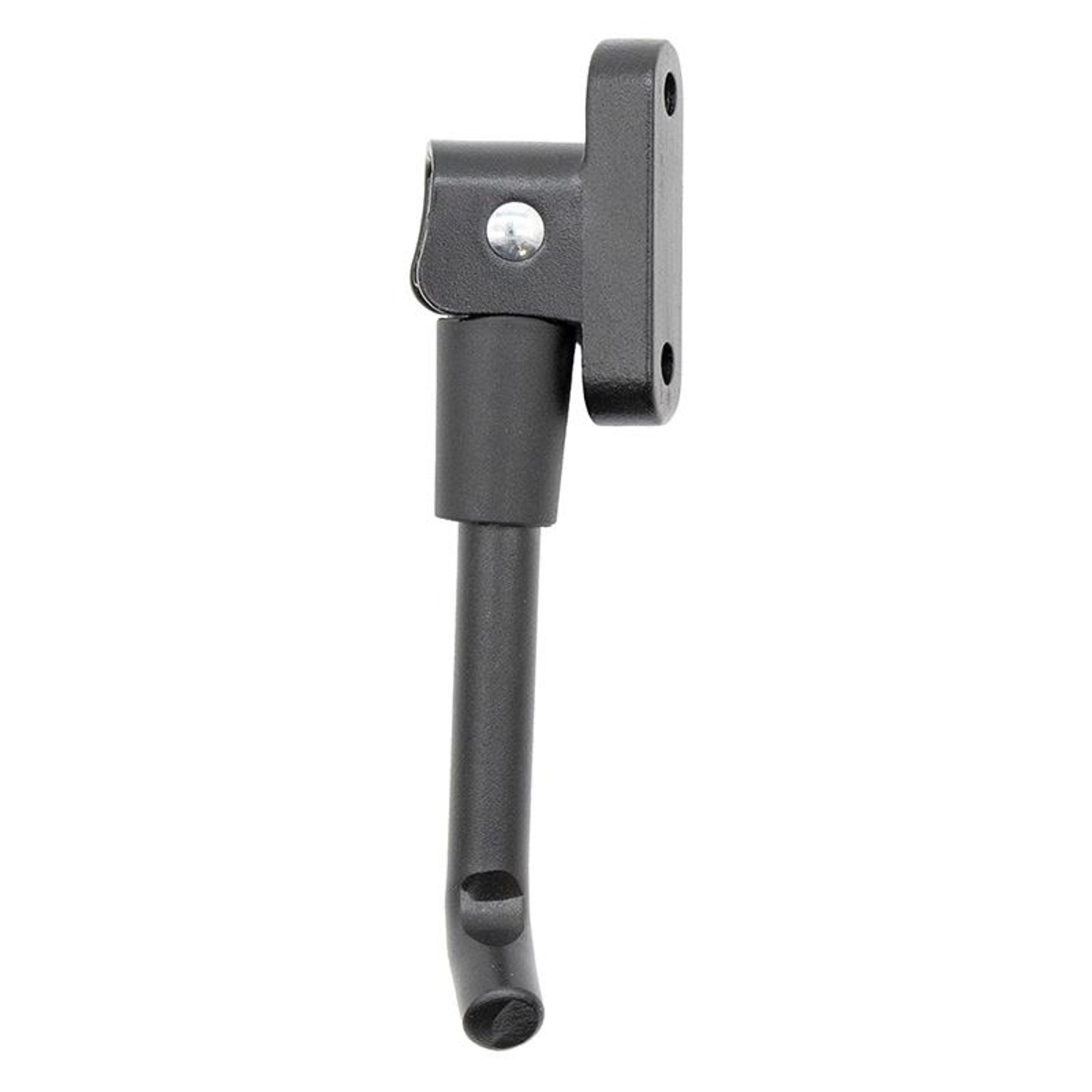Un caballete negro para bicicleta. Tiene una placa de montaje con dos agujeros, una bisagra y una pata curva con un agujero.