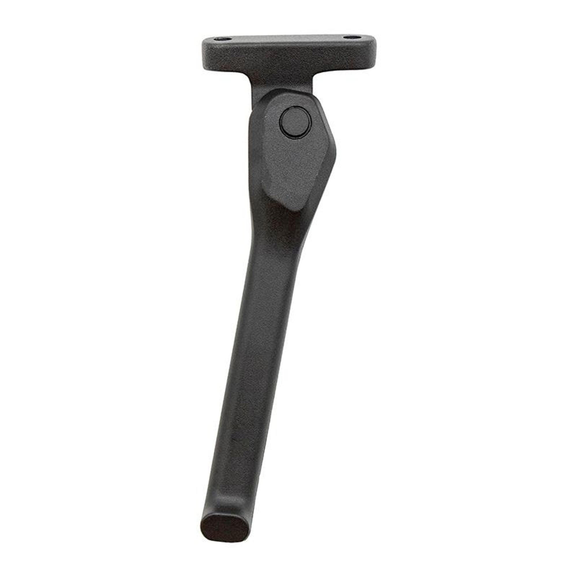 Una pata de mueble de plástico negro. Tiene una parte superior plana, una sección media curva y una base recta.