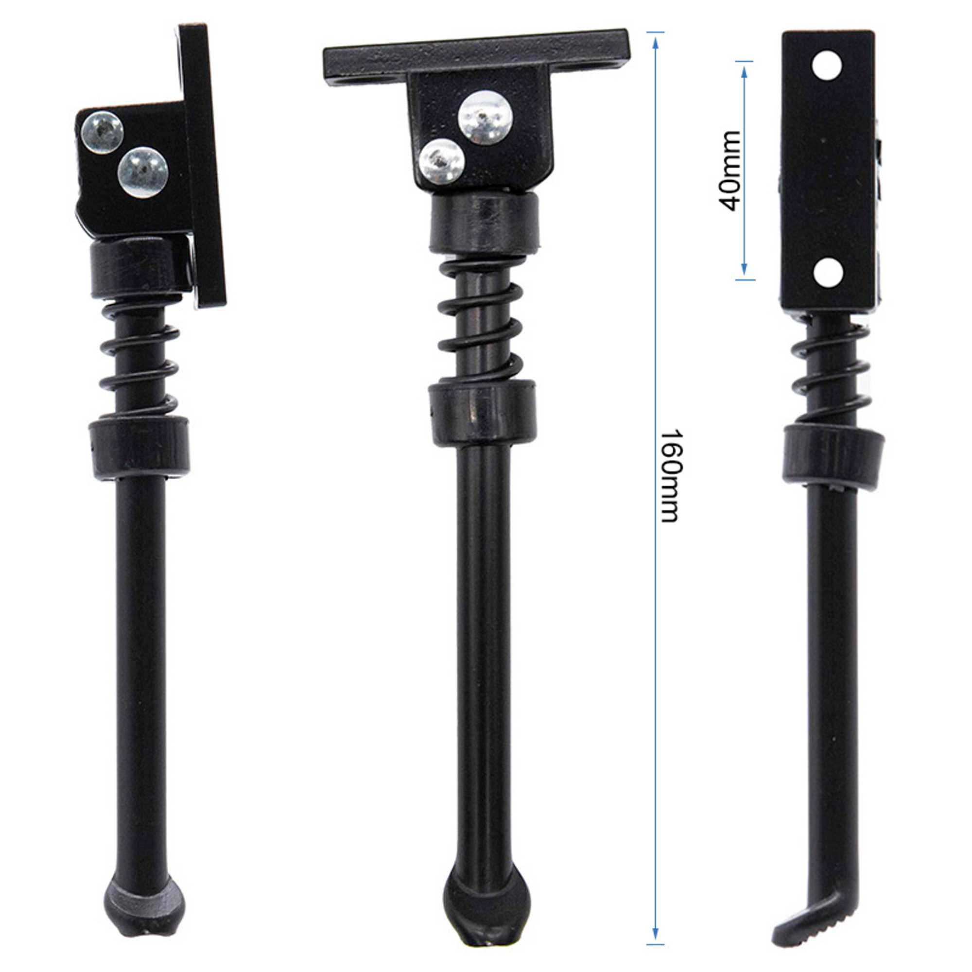 Tres caballetes de bicicleta de metal negro. Cada uno tiene un resorte, pernos y un pie. Las dimensiones están etiquetadas.