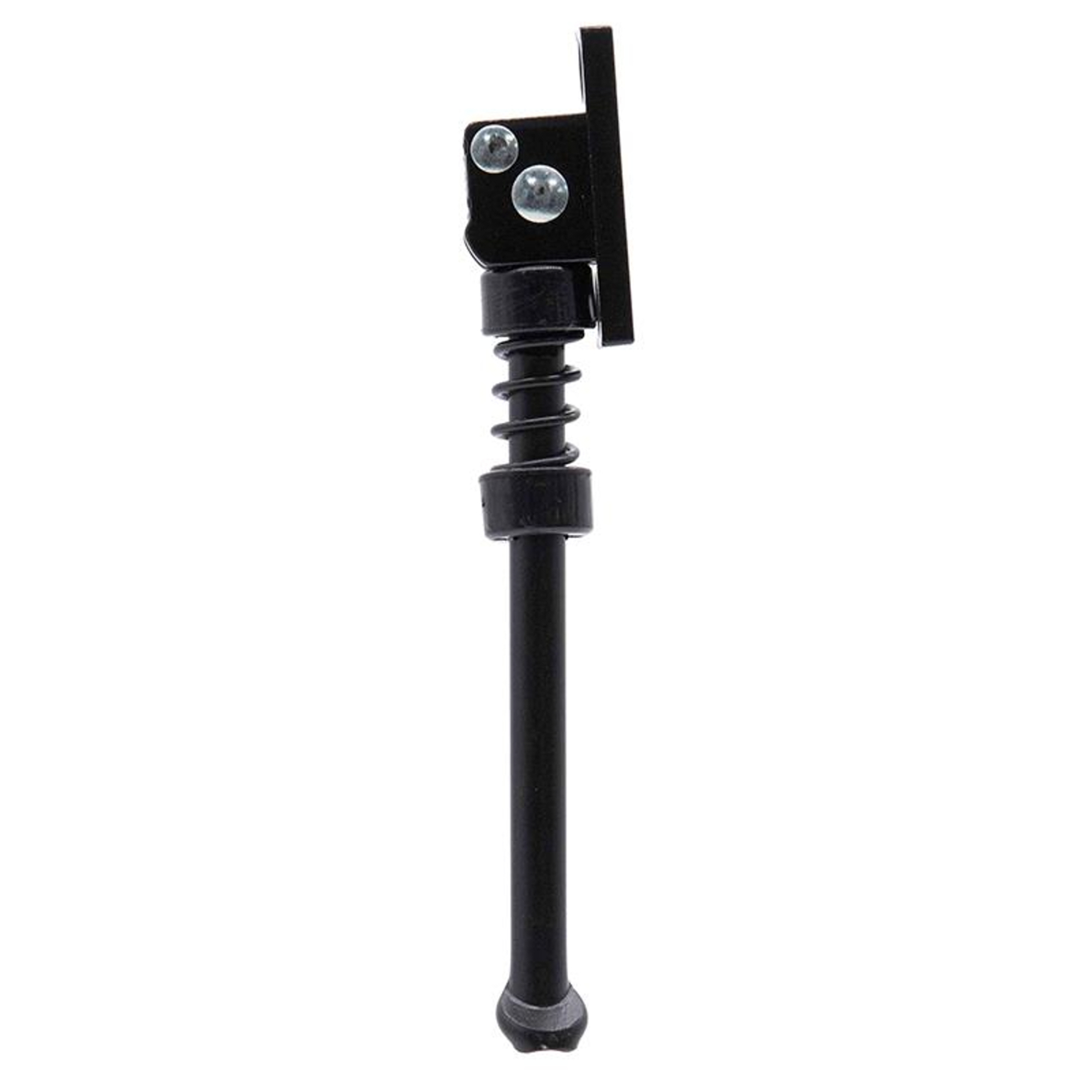 Un caballete negro para bicicleta. Tiene un resorte, una base y una placa de montaje con dos tornillos. Aislado sobre blanco.