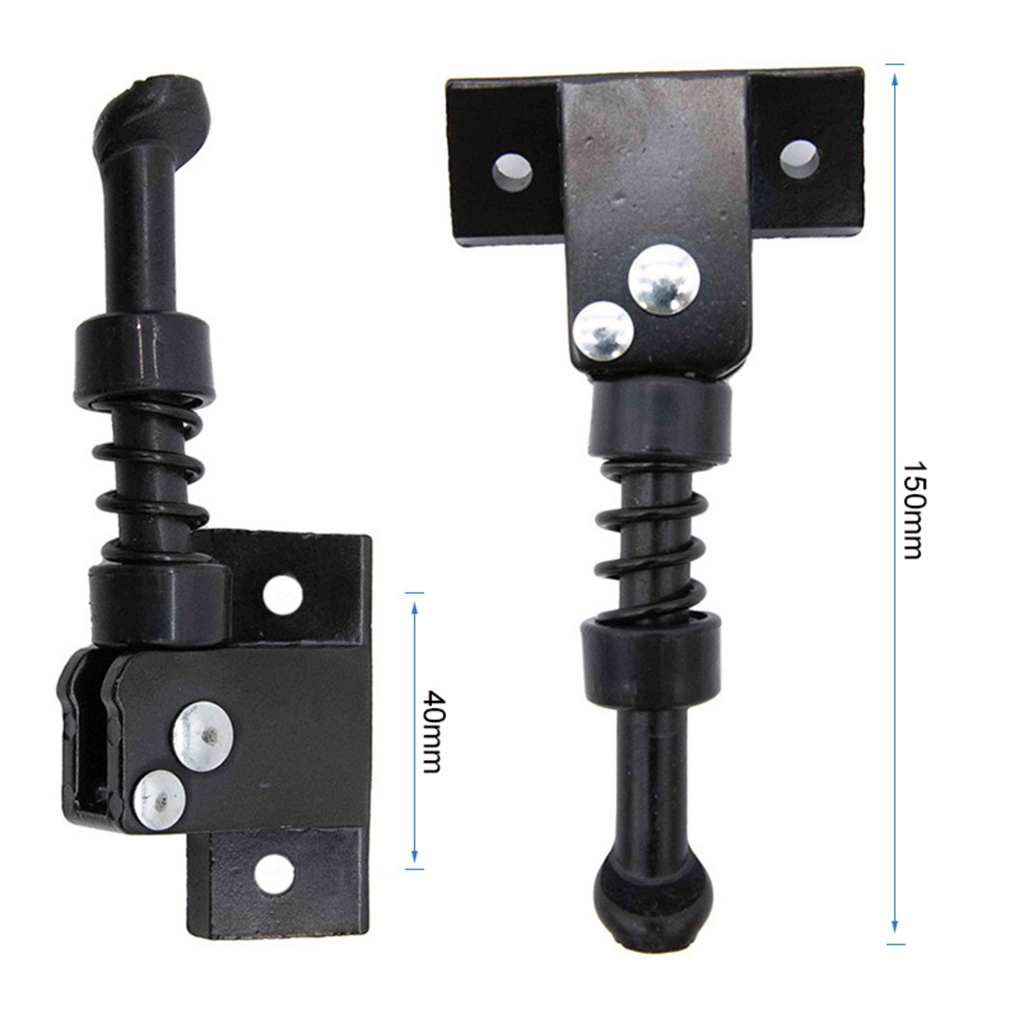 Dos topes de puerta de metal negro con resortes y placas de montaje, uno con medidas. Se ven tornillos.