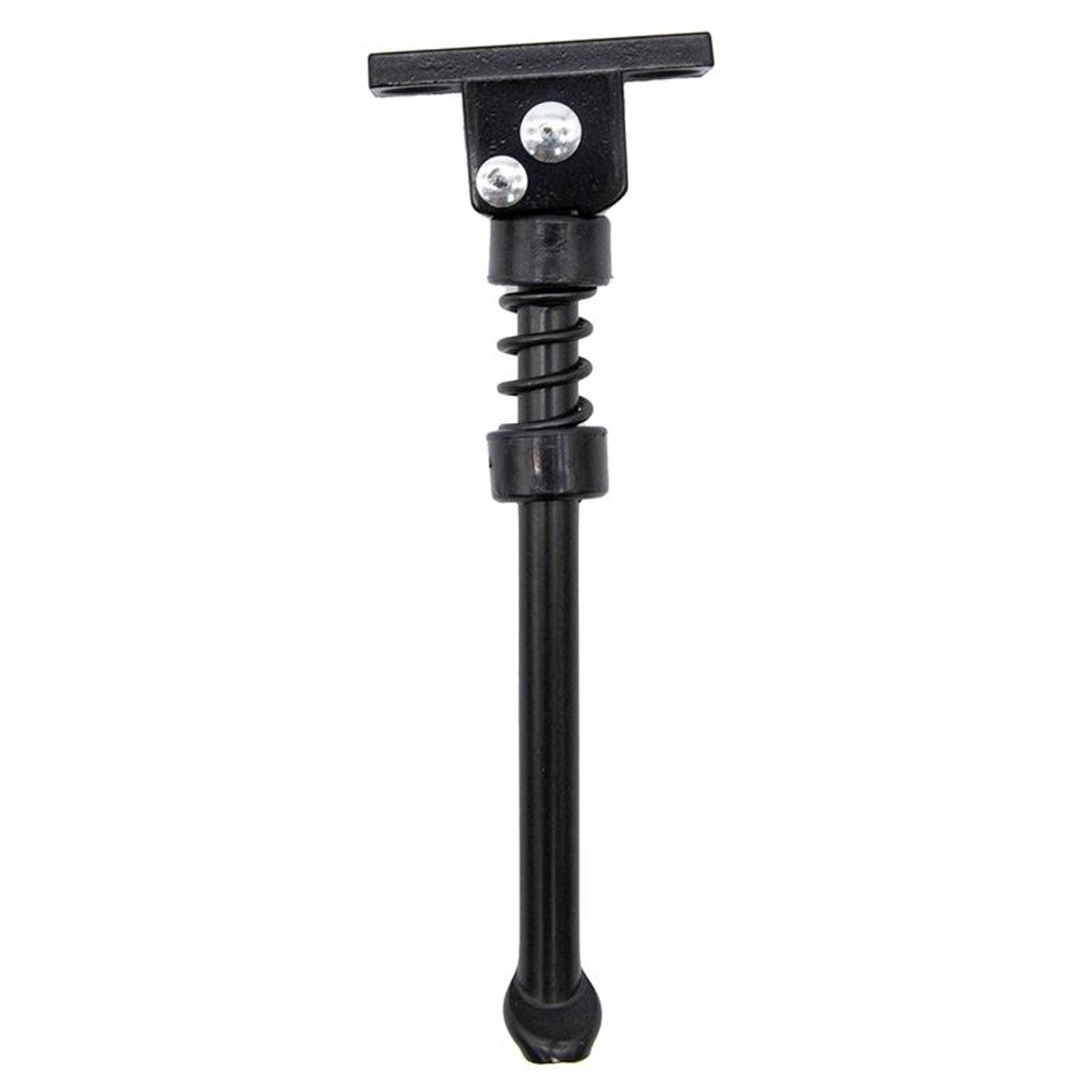 Un caballete negro para bicicleta. Tiene forma de T en la parte superior, un resorte y un extremo redondeado.