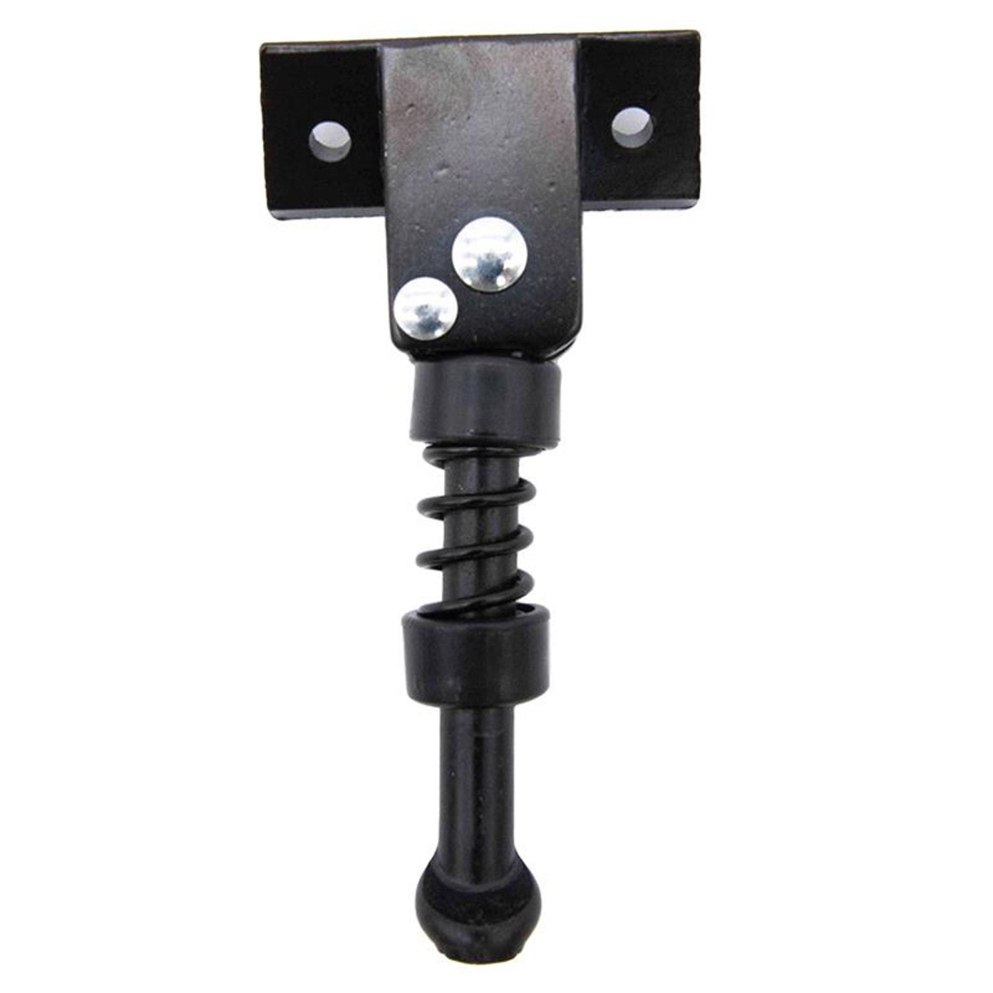 Un soporte de metal negro con resorte y pie redondeado. Tiene forma de T con agujeros para montar.