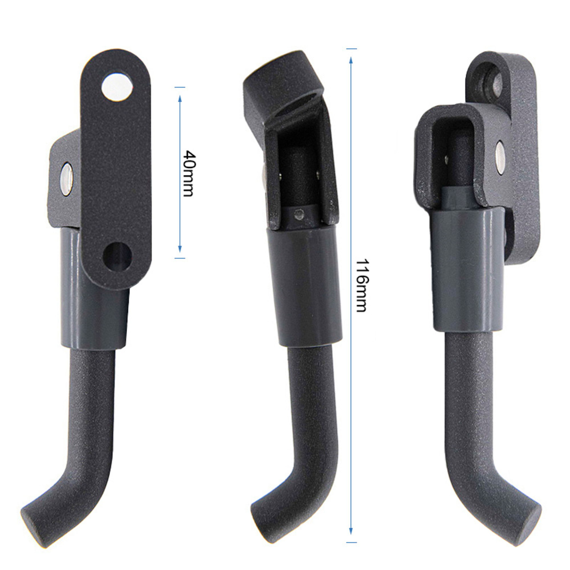 Tres caballetes de bicicleta de metal gris oscuro, con medidas. Cada uno tiene una sección inferior curvada.