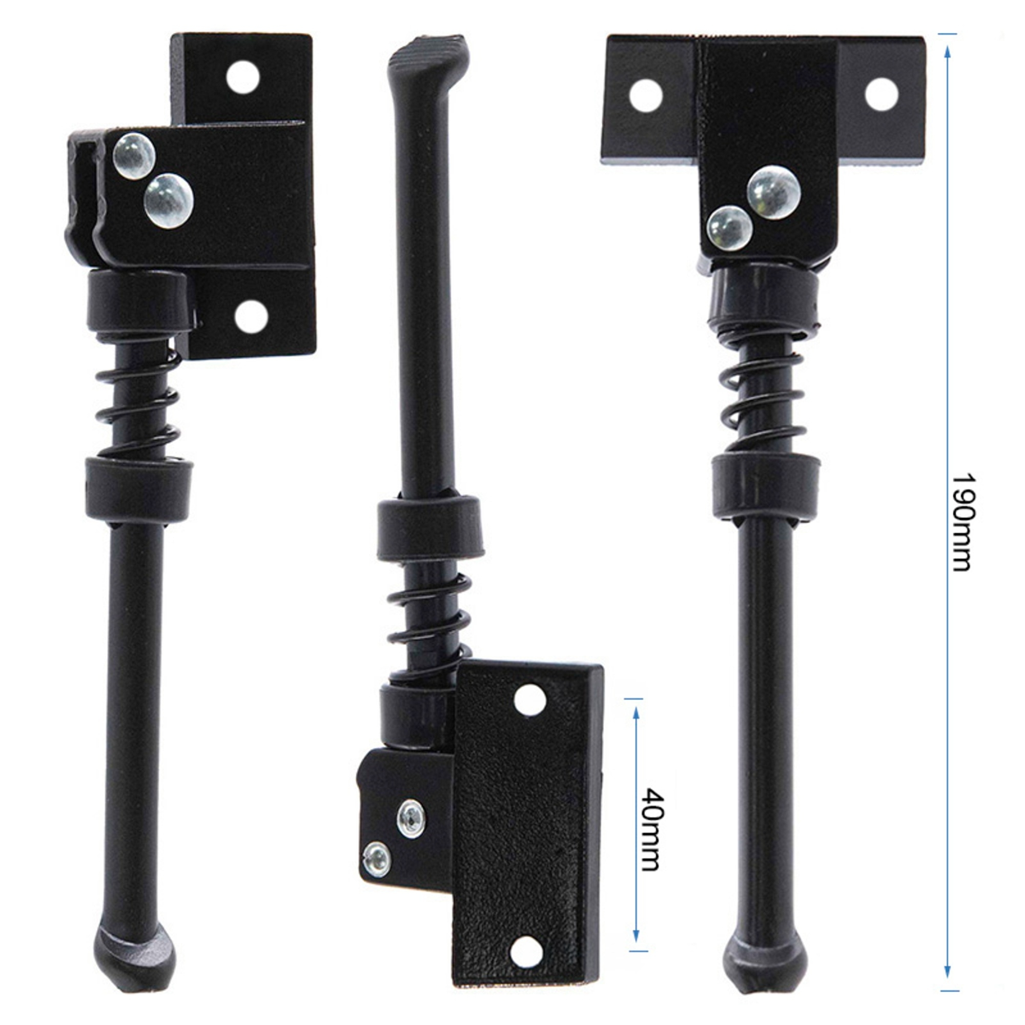 Tres caballetes de metal negro con muelles. Uno está extendido. Dimensiones: 190 mm y 40 mm.