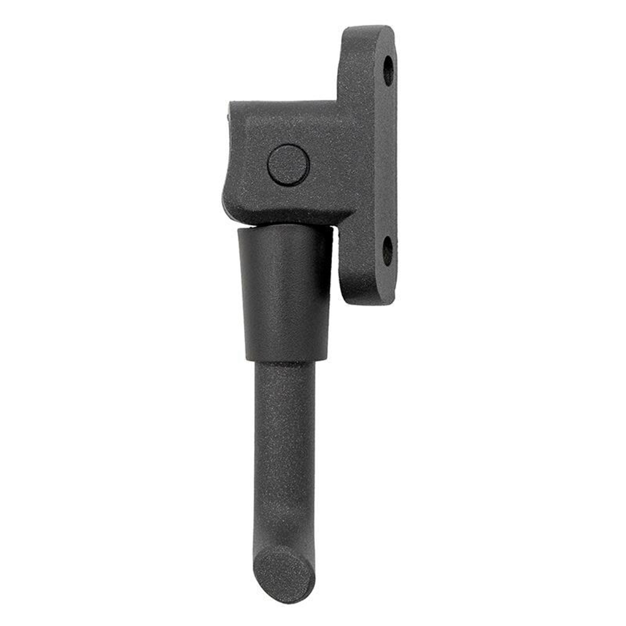 Una bisagra negra con base rectangular, parte superior redondeada y extensión cilíndrica.