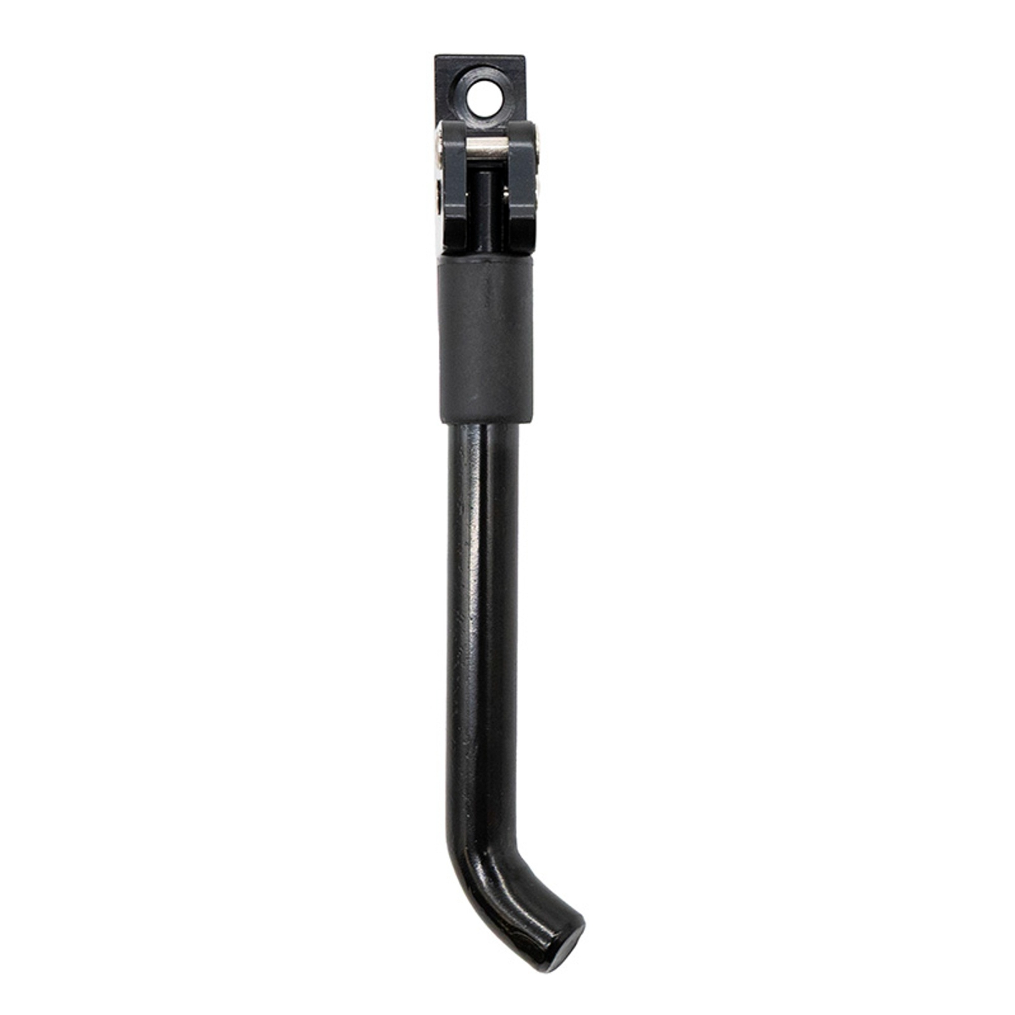 Un caballete negro para bicicleta, de pie. Tiene un soporte, una barra larga y un pie curvado.