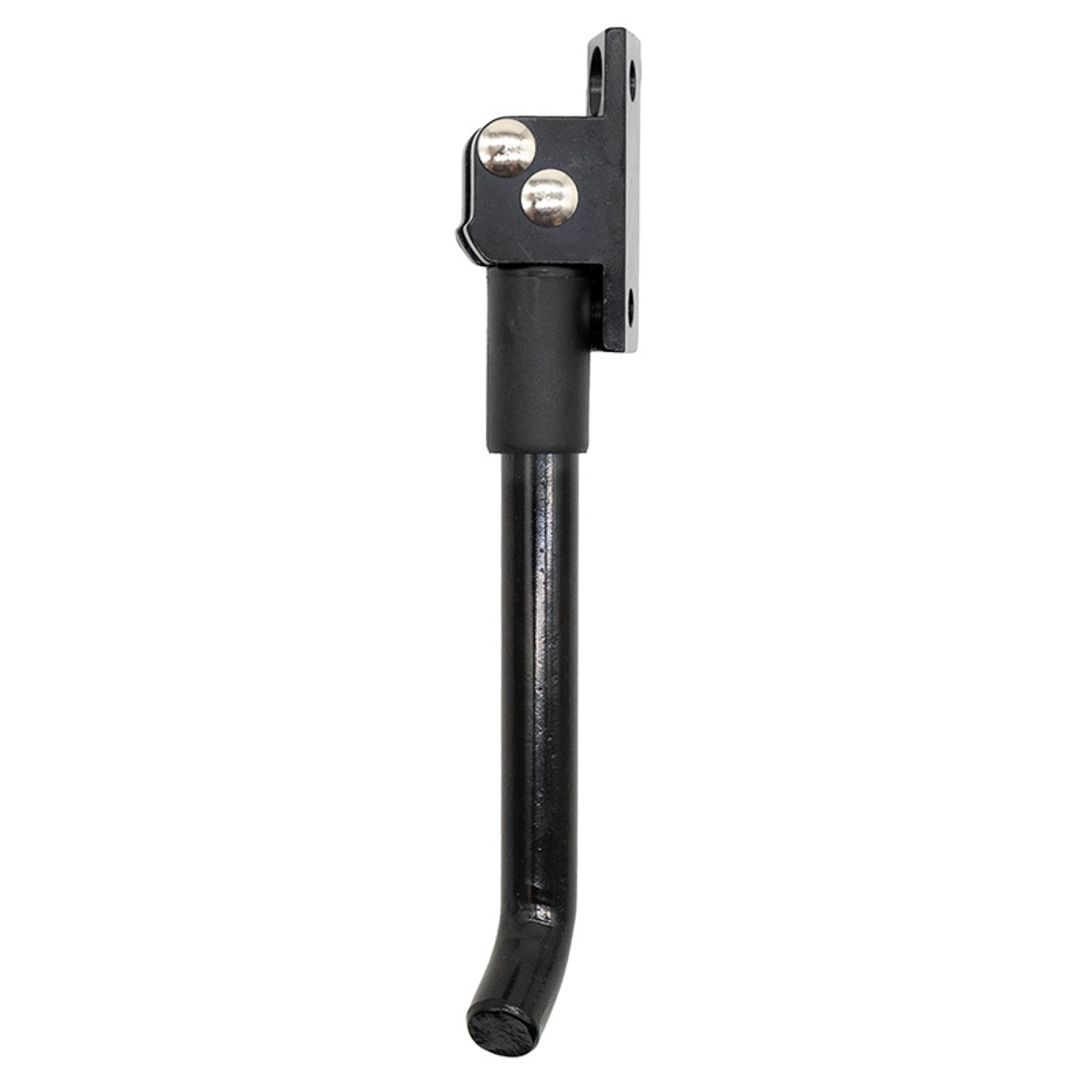 Pata de cabra negra para bicicleta. Tiene una placa de montaje con dos tornillos, una pata recta y un extremo curvo.
